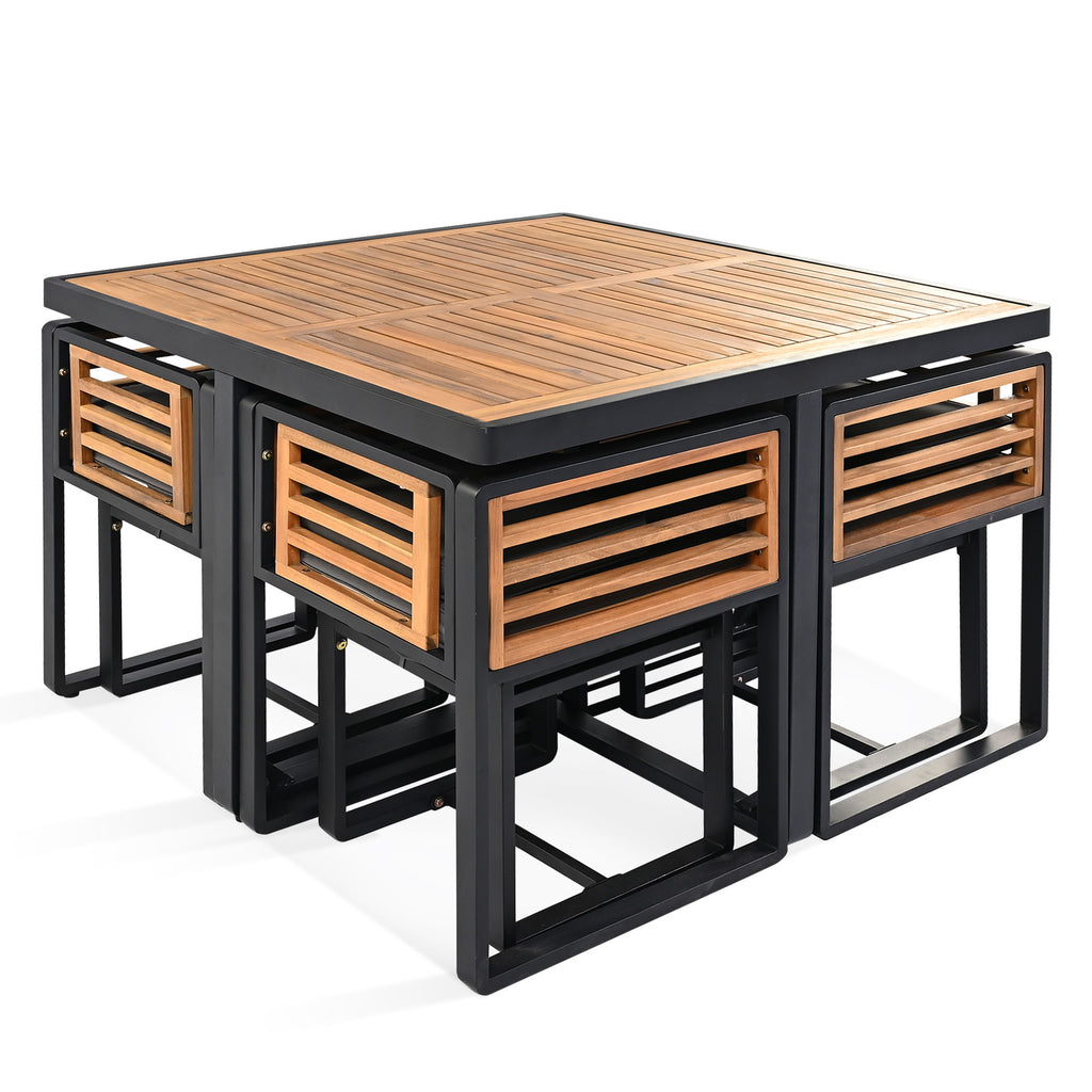 Acacia Wood Patio Dining Set, Cushioned Chairs & Ottomans Square Table
