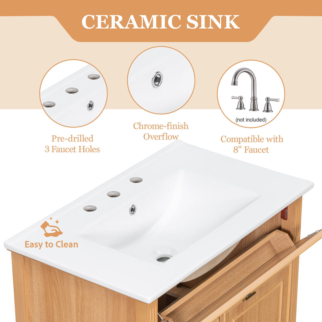 Bathroom Vanity With Sink, Flip Drawer & Adjustable Shelf - Natural