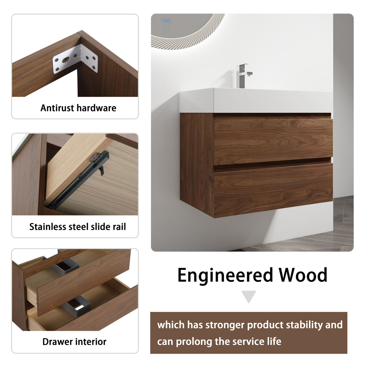 Wall Mounted Bathroom Vanity And Sink, 2 Soft Close Drawers