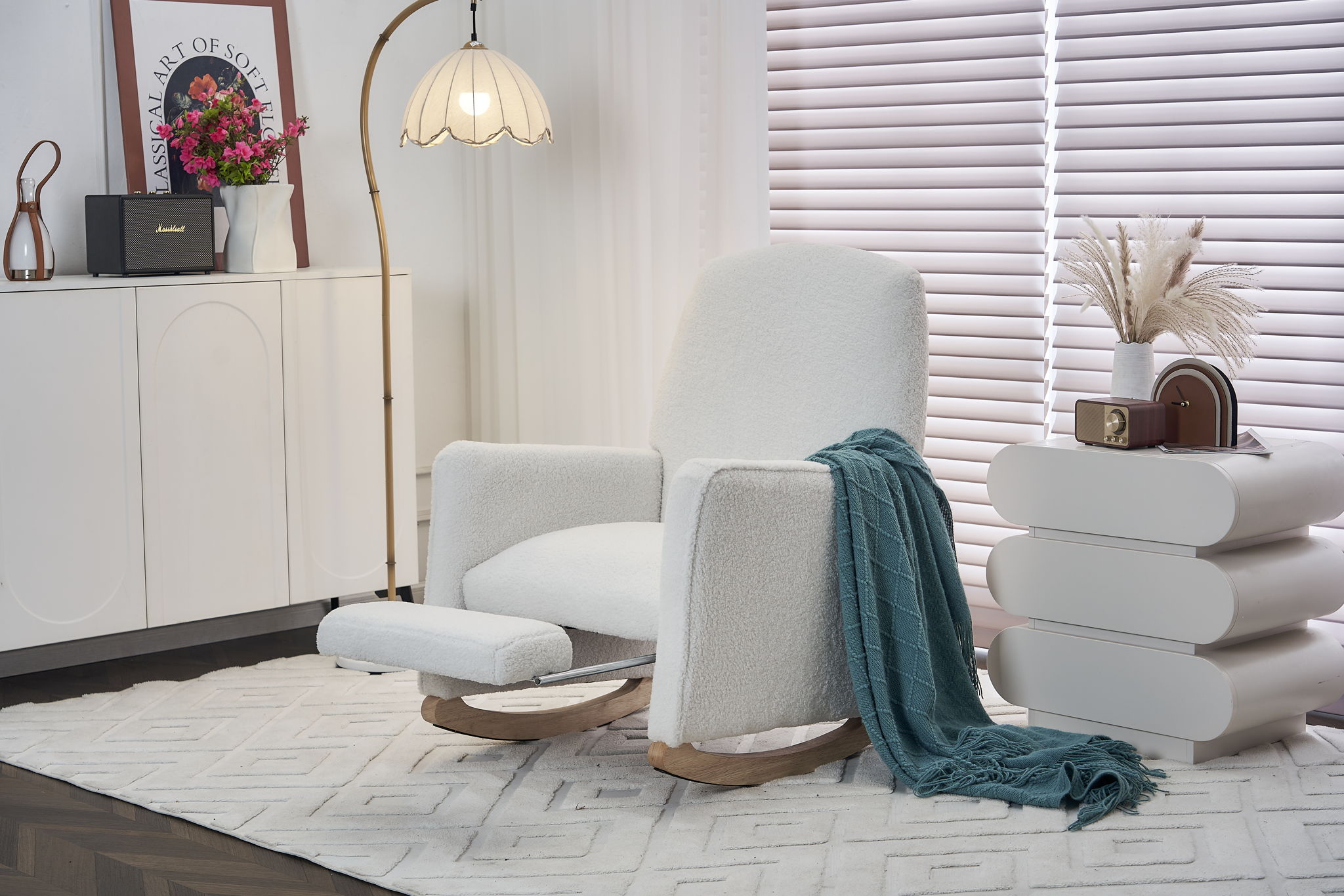 Teddy Fabric Nursery Rocking Chair With Adjustable Footrest - Ivory