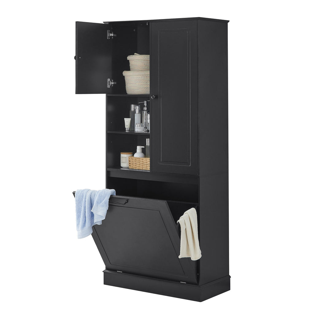 Modern Tall Storage Cabinet With Adjustable Shelves, Flip-Out Basket & Enclosed Doors