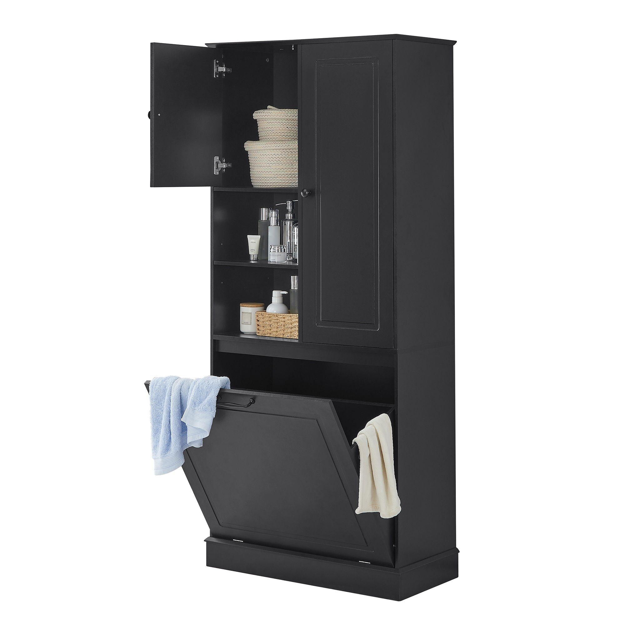Modern Tall Storage Cabinet With Adjustable Shelves, Flip-Out Basket & Enclosed Doors