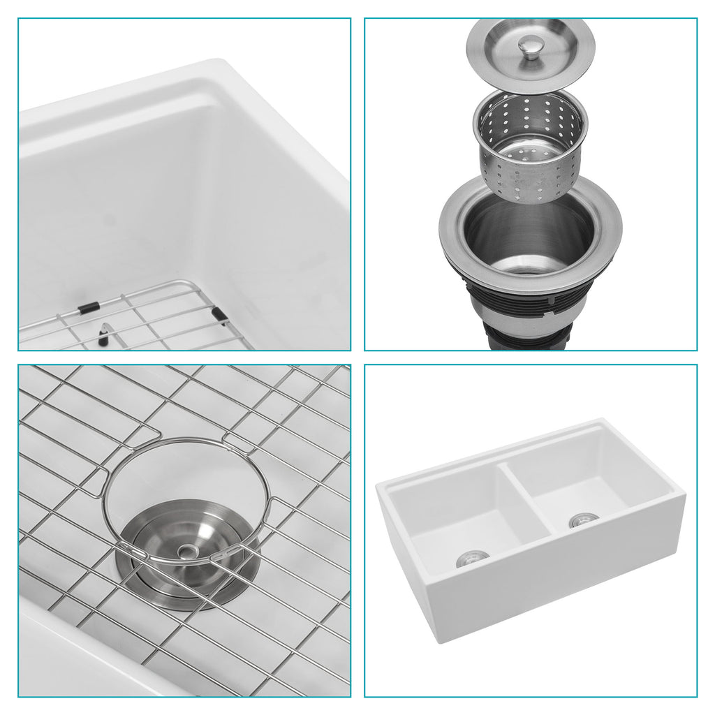 Farmhouse Sink Workstation 33" Ceramic Double Bowl Kitchen Sink With Ledges - White