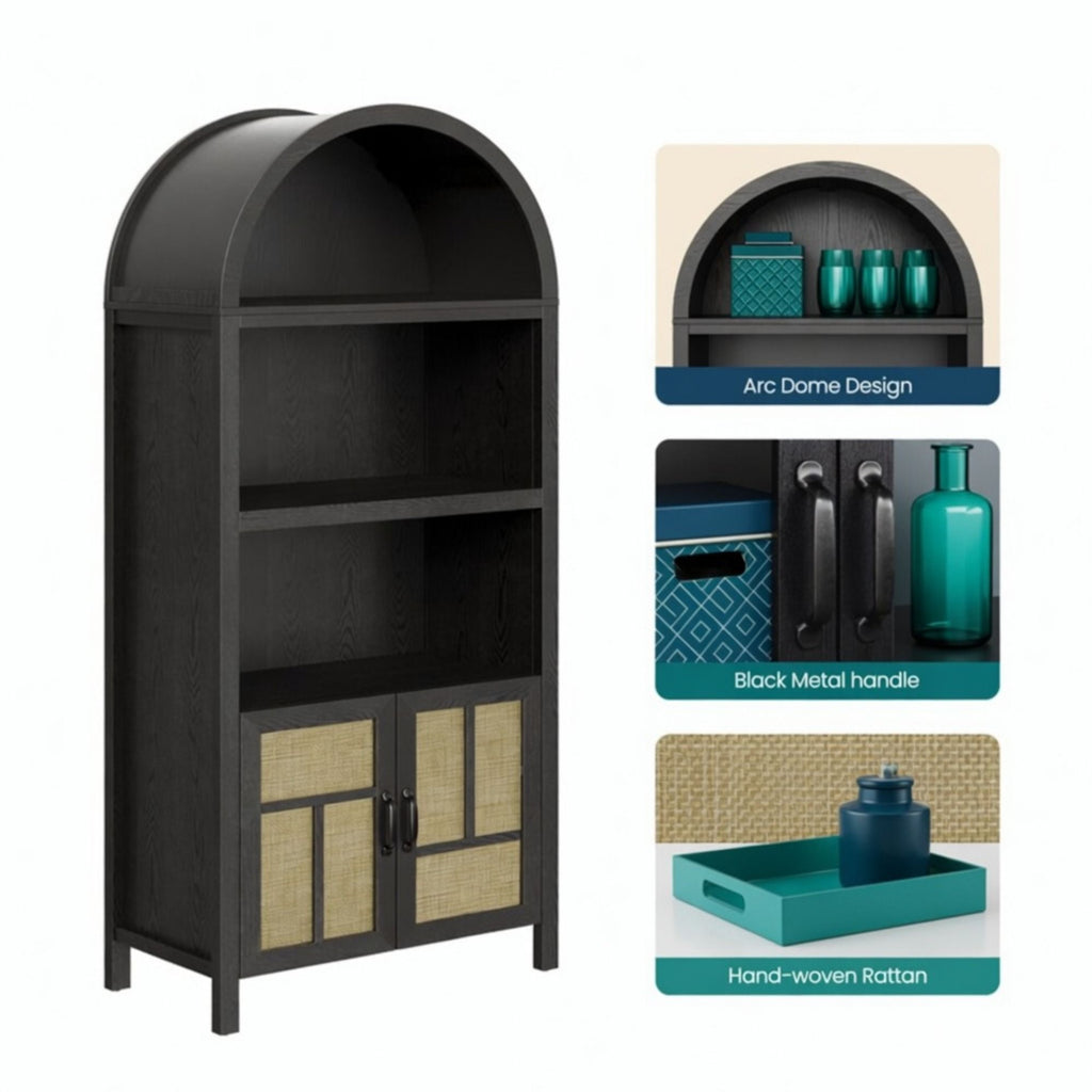 Arched Pantry Cabinet With Adjustable Storage & Doors - Black