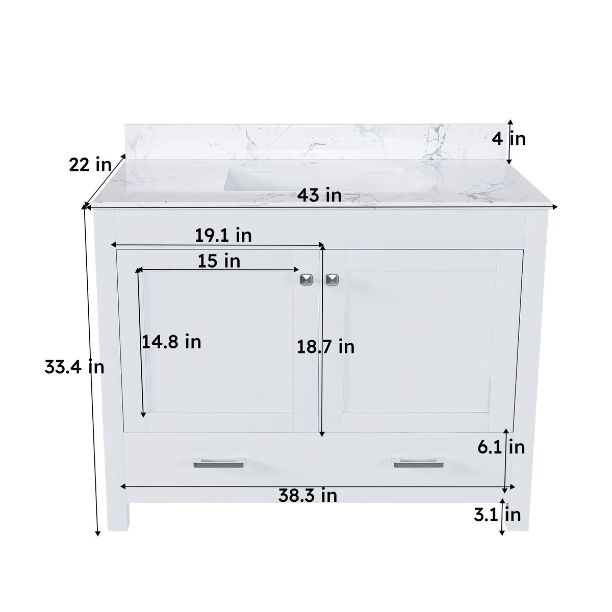 43" Bathroom Vanity With Artificial Marble Carrara Top Set, Multi Functional Cabinet With Doors And Drawer - White