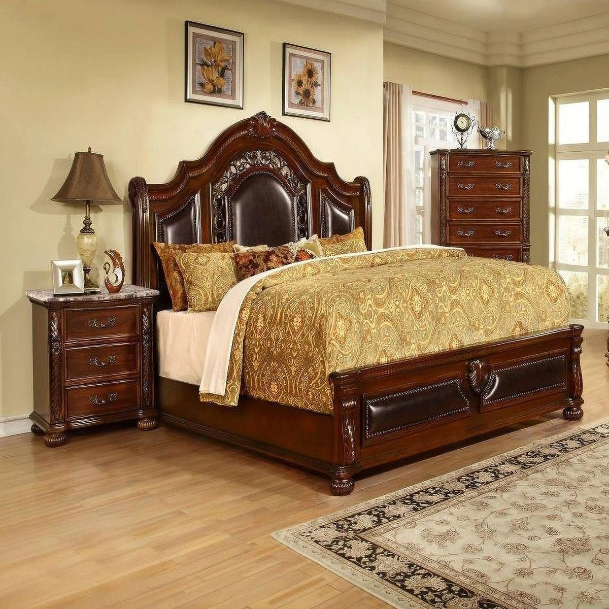 3 Drawer Nightstand, Bedside Table Hand Carved Storage For Bedroom - Cherry