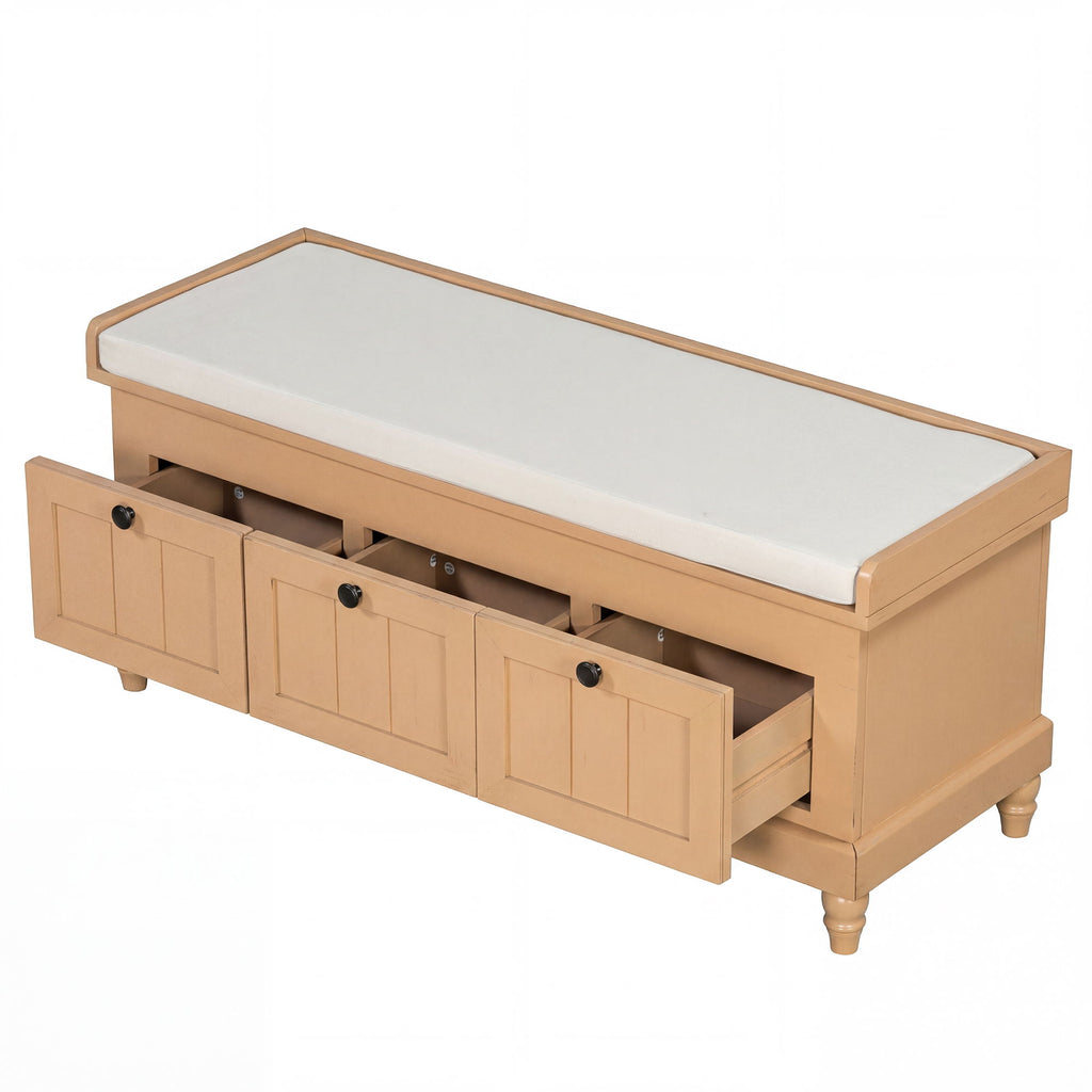 Shoe Bench With Cushion And 3 Drawers - Natural