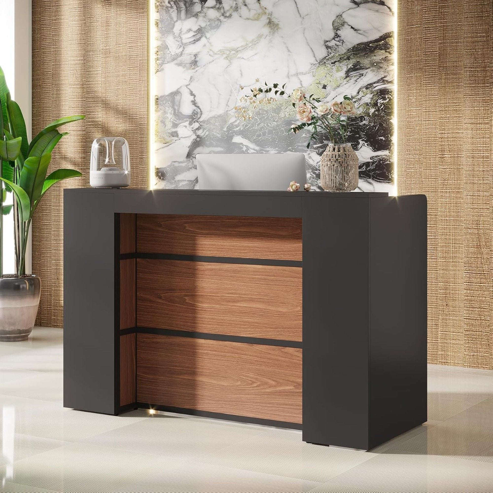 Reception Desk With LED Lights For Office - Black