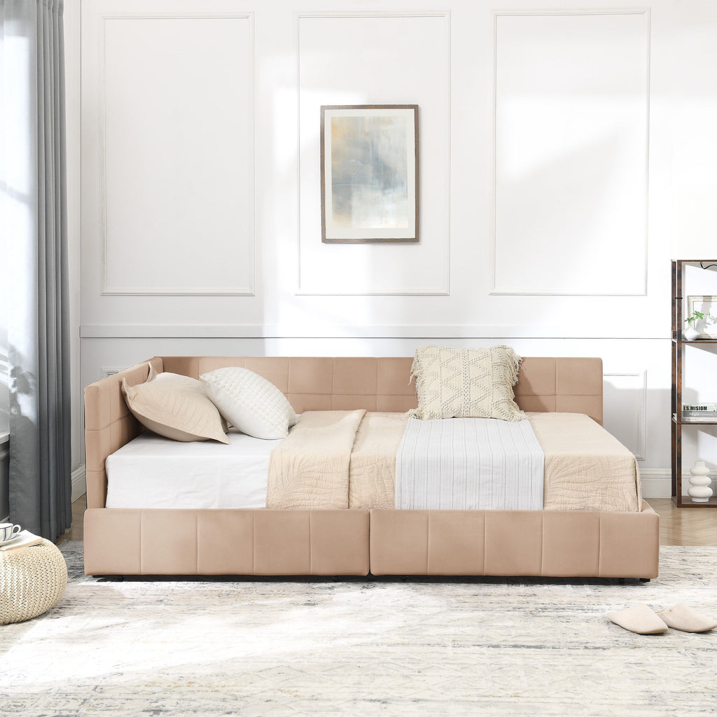 Mid-Century Storage Upholstered Tufted Bed Frame With Backrest And Armrests