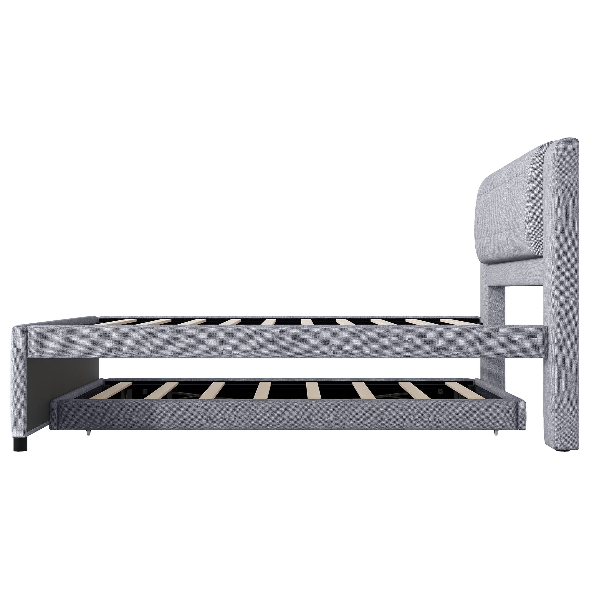 Upholstery Platform Bed With Trundle, Trundle Can Be Flat Or Erected