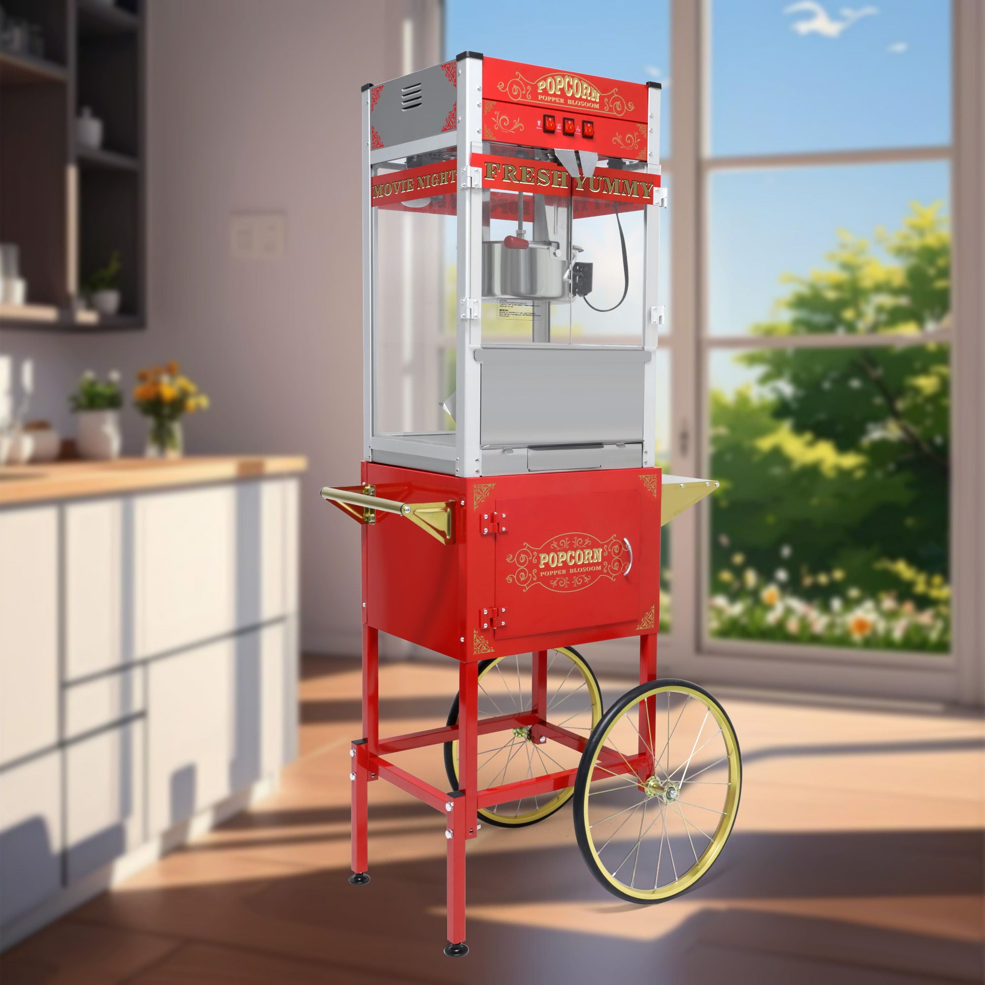 Popcorn Machine On Wheels, 20 Ounce Capacity, 1440W - Red