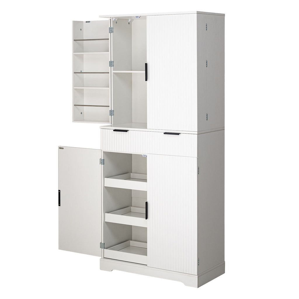 Fluted Kitchen Pantry Cabinet With 3 Keyboard Drawers & 6 Adjustable Door Shelves