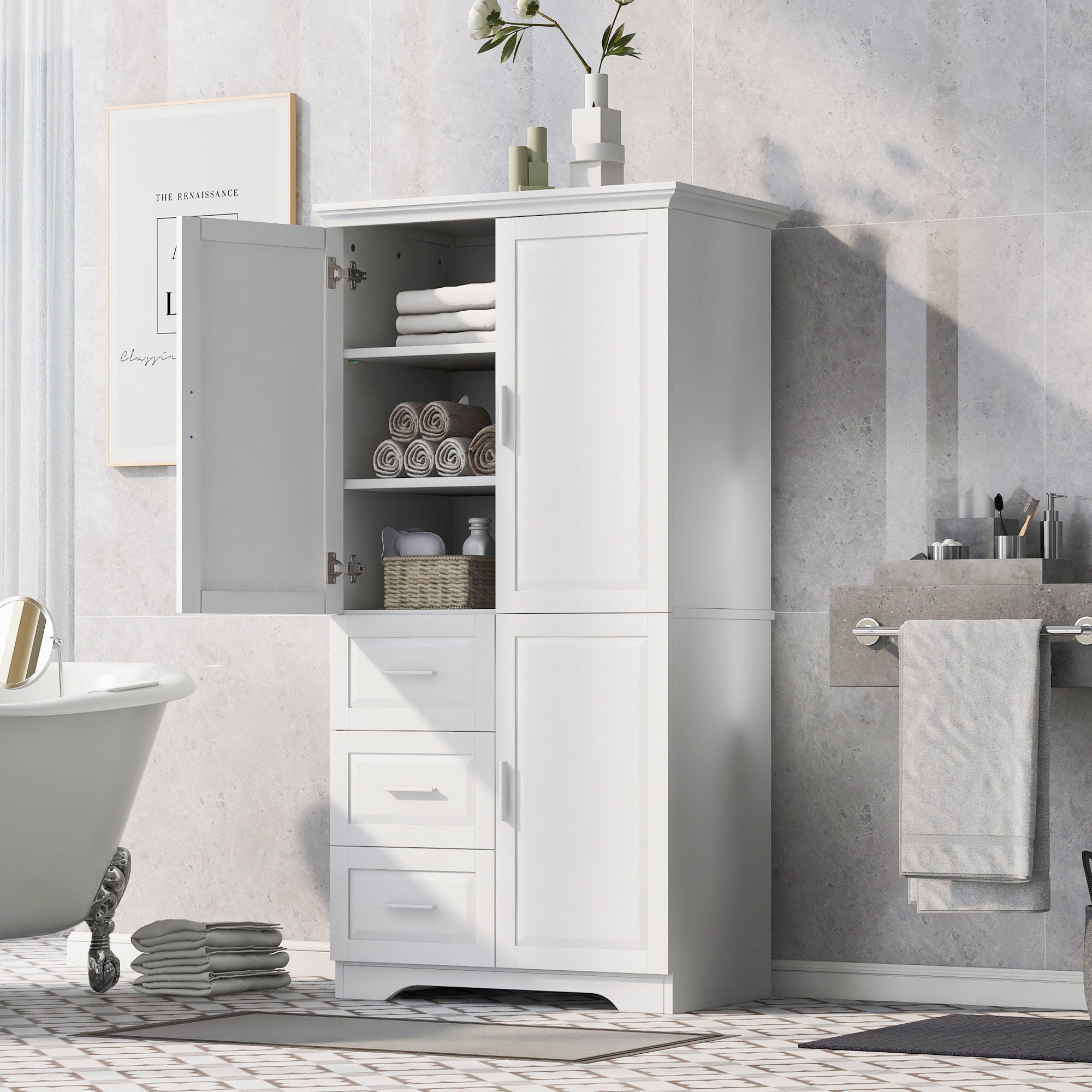 Tall And Wide Storage Cabinet With Doors, 3 Drawers
