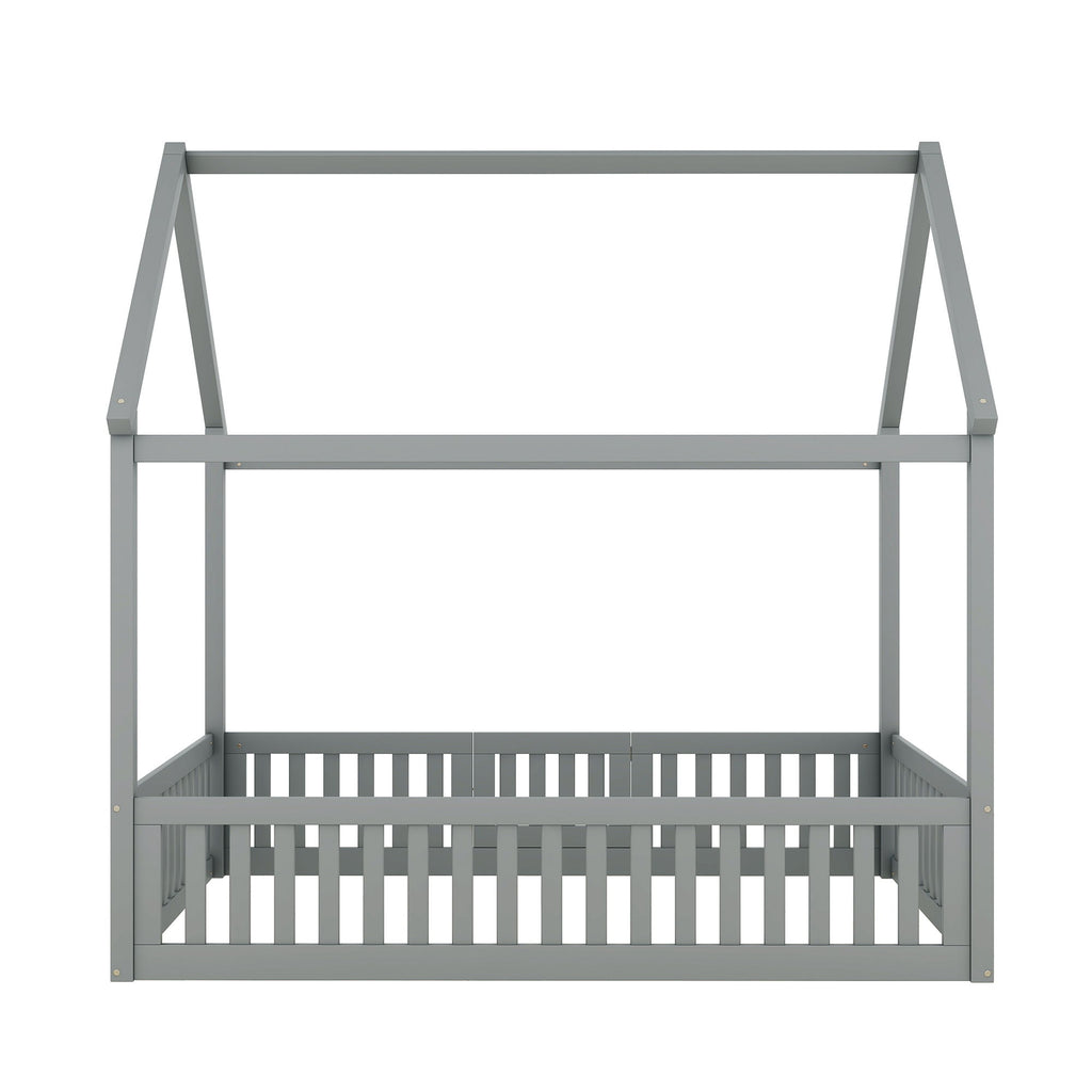 Wood House Bed With Fence And Door