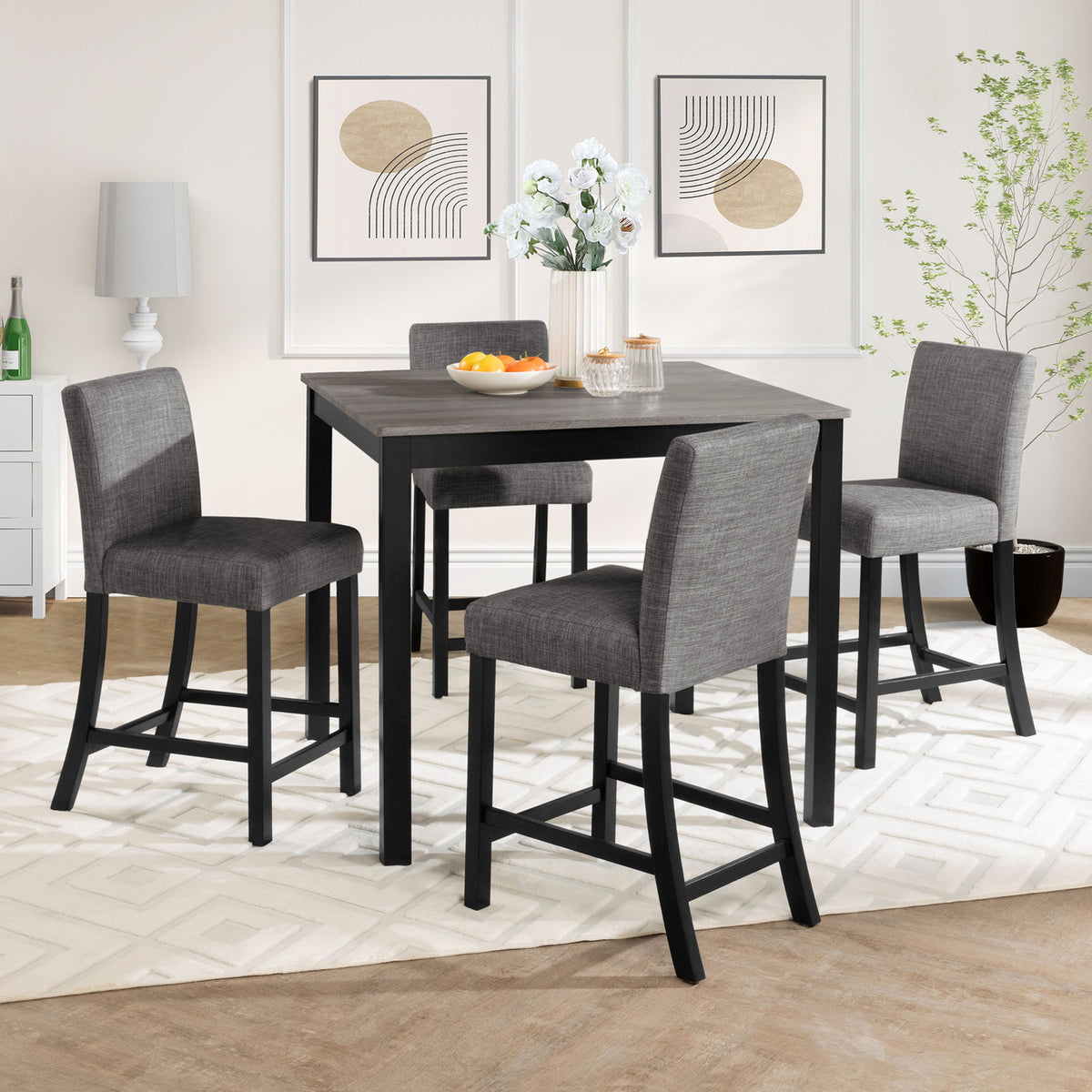 5 Piece Counter Height Table Set, Square Table And 4 Upholstered Chairs