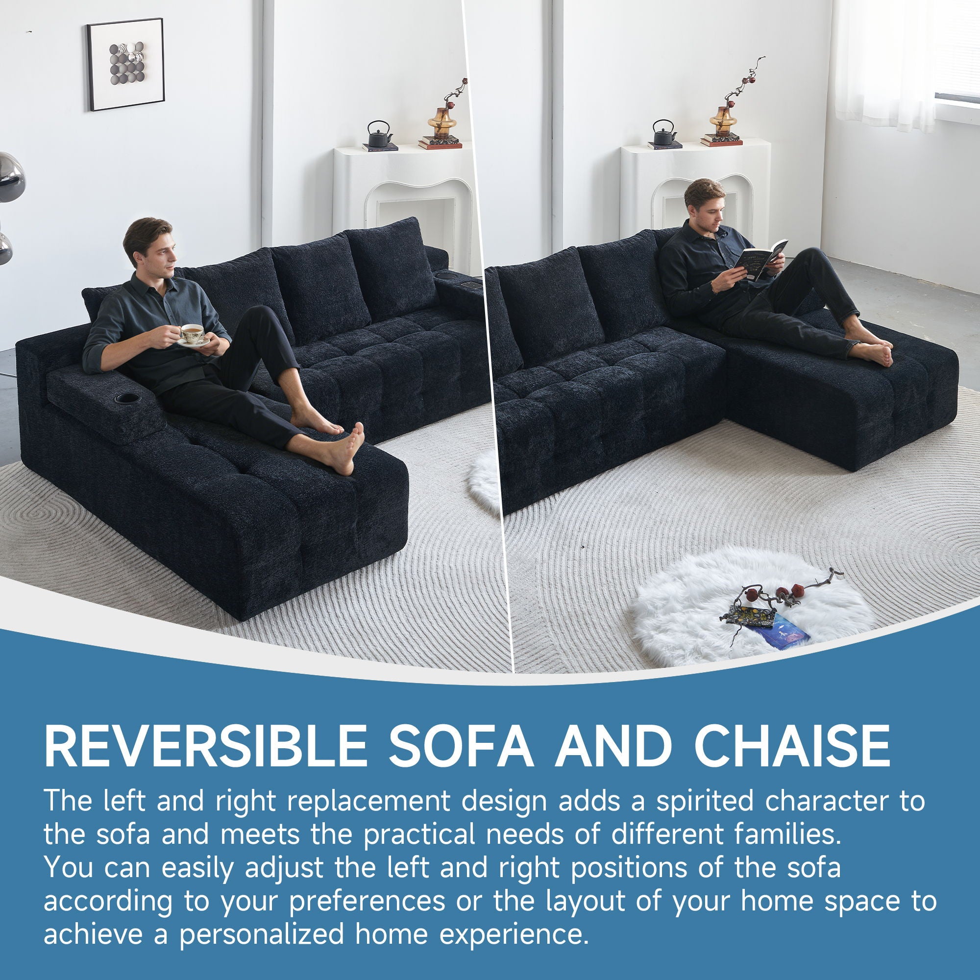 L - Shaped Sectional Sofa With Side Pockets, Wireless Charging, USB Ports, Cup Holder, Bluetooth Speaker, Reversible Lounge Chaise - Black