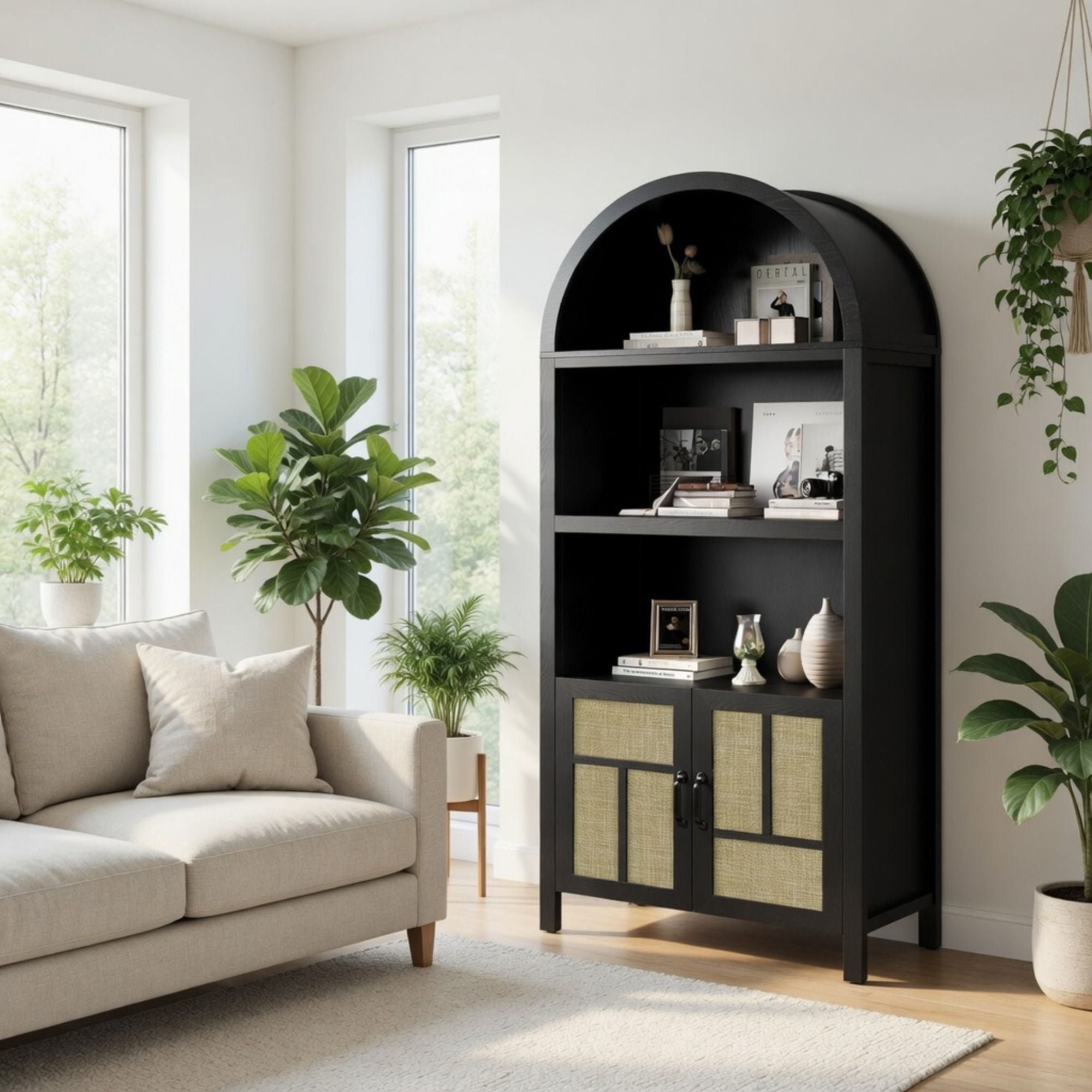 Arched Pantry Cabinet With Adjustable Storage & Doors - Black