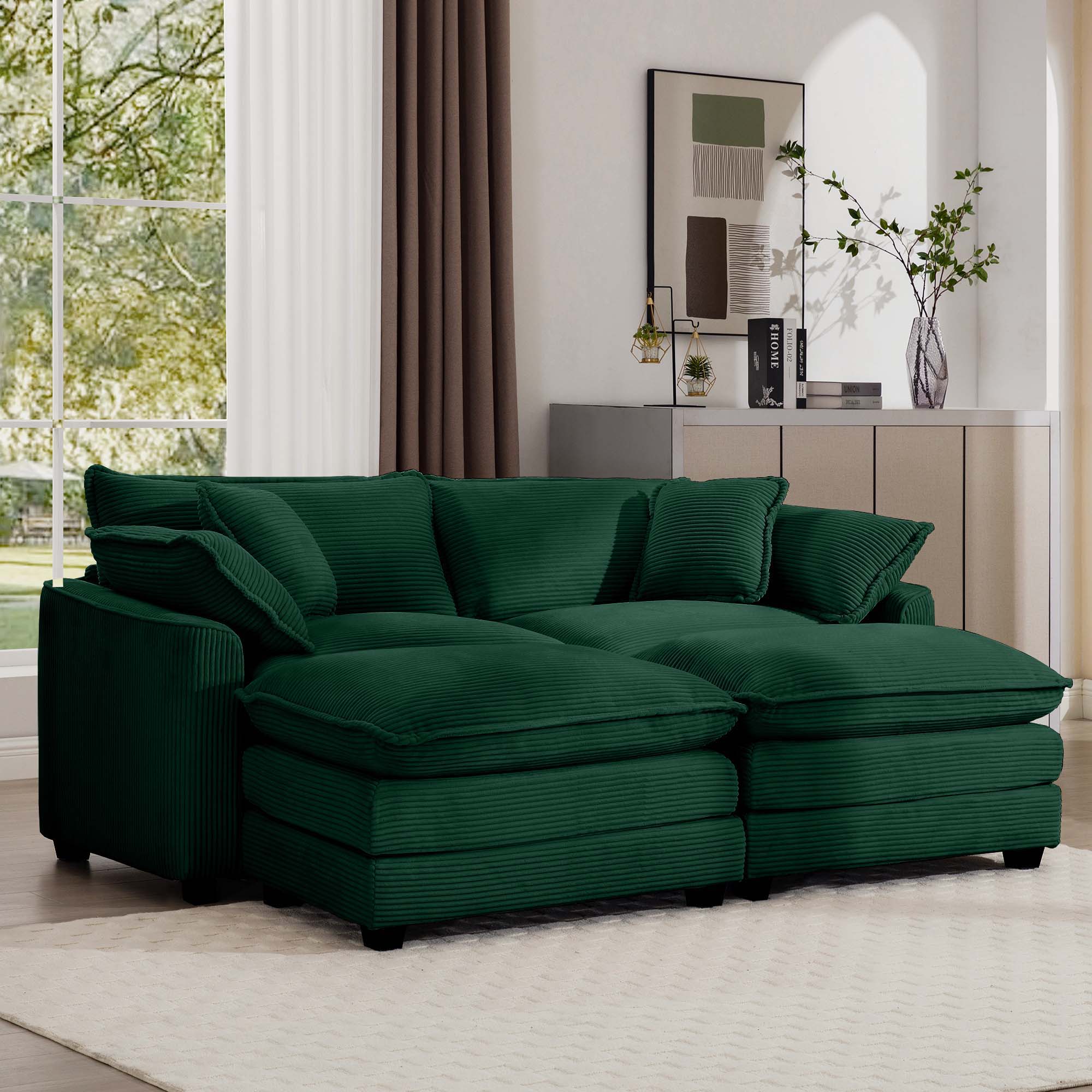 Modern Modular Cushion Sofa With Ottoman, Low Back, Deep Seating Sofa Set