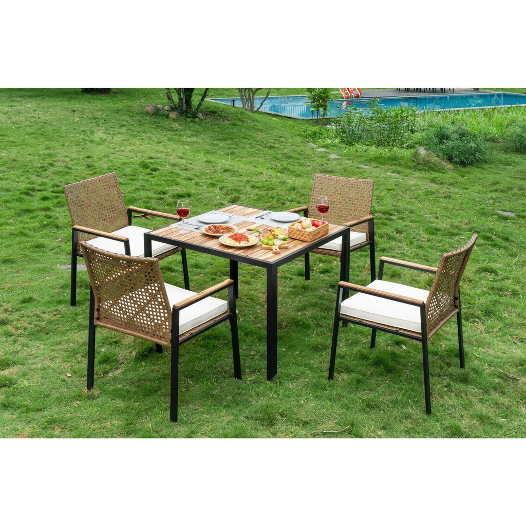 5 Piece Patio Dining Table Set, Acacia Wood Table Top With Umbrella Hole
