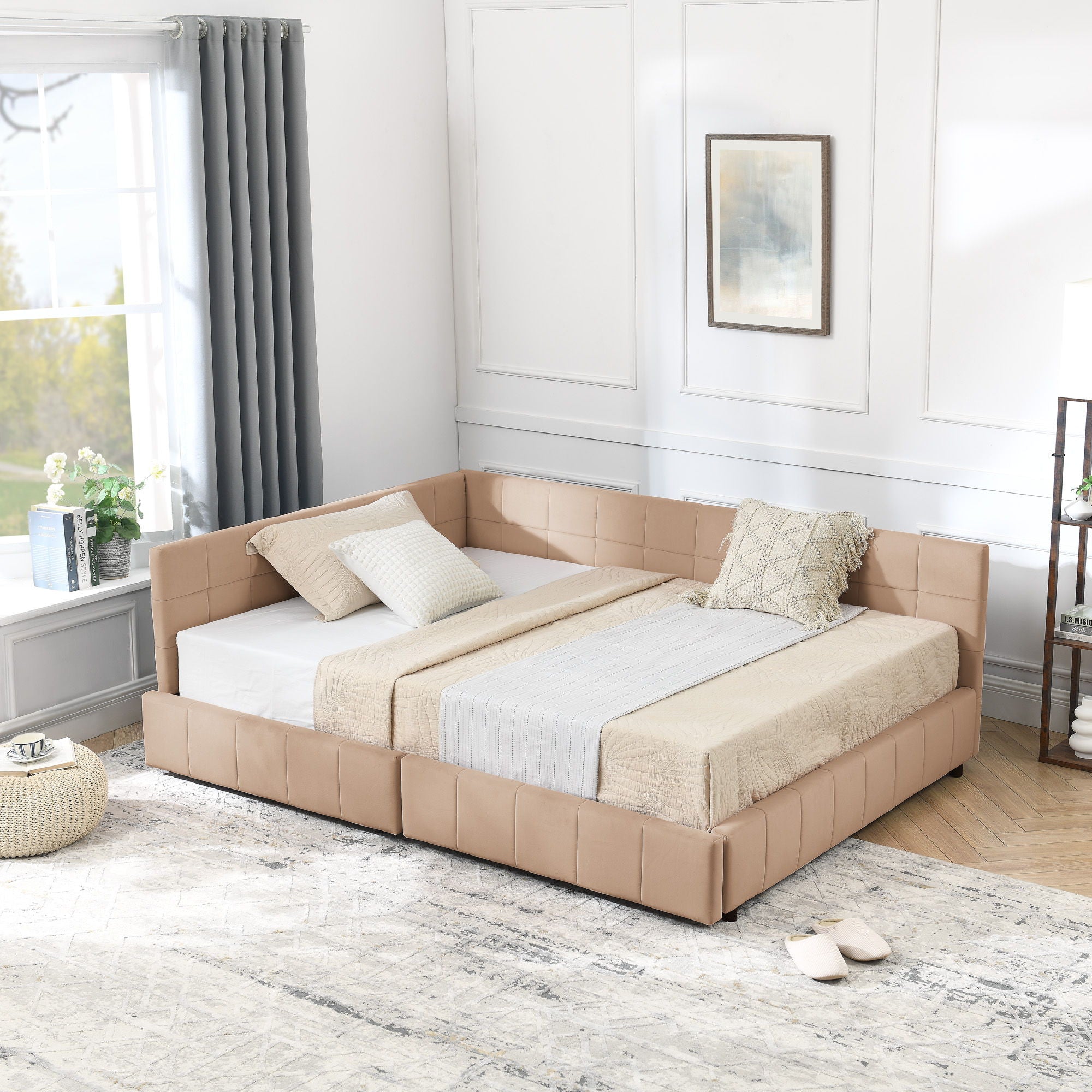 Mid-Century Storage Upholstered Tufted Bed Frame With Backrest And Armrests