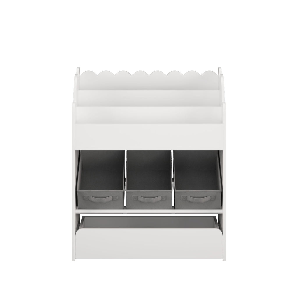 Bookshelf With Storage Bins And Drawer, Multi Functional Book Organizer For Toddlers - White