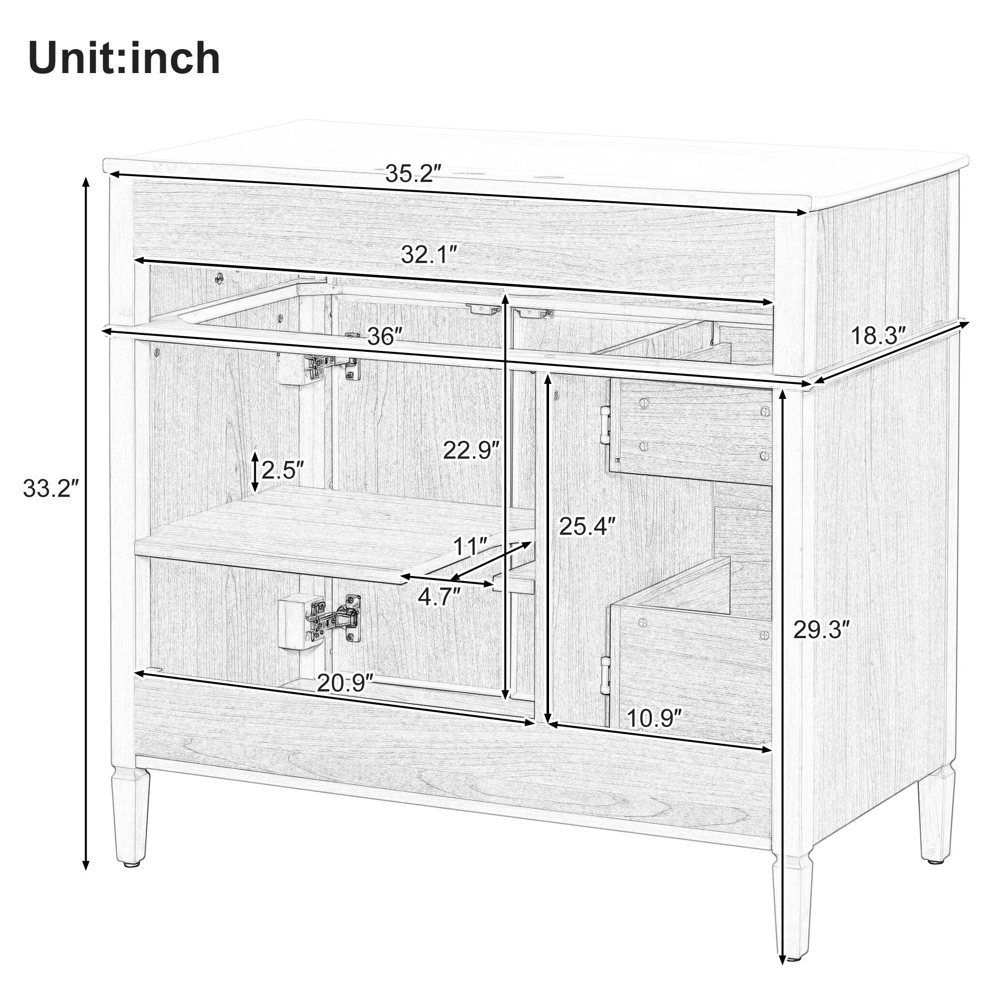 Bathroom Vanity With Sink, 3 Drawers & 2 Doors