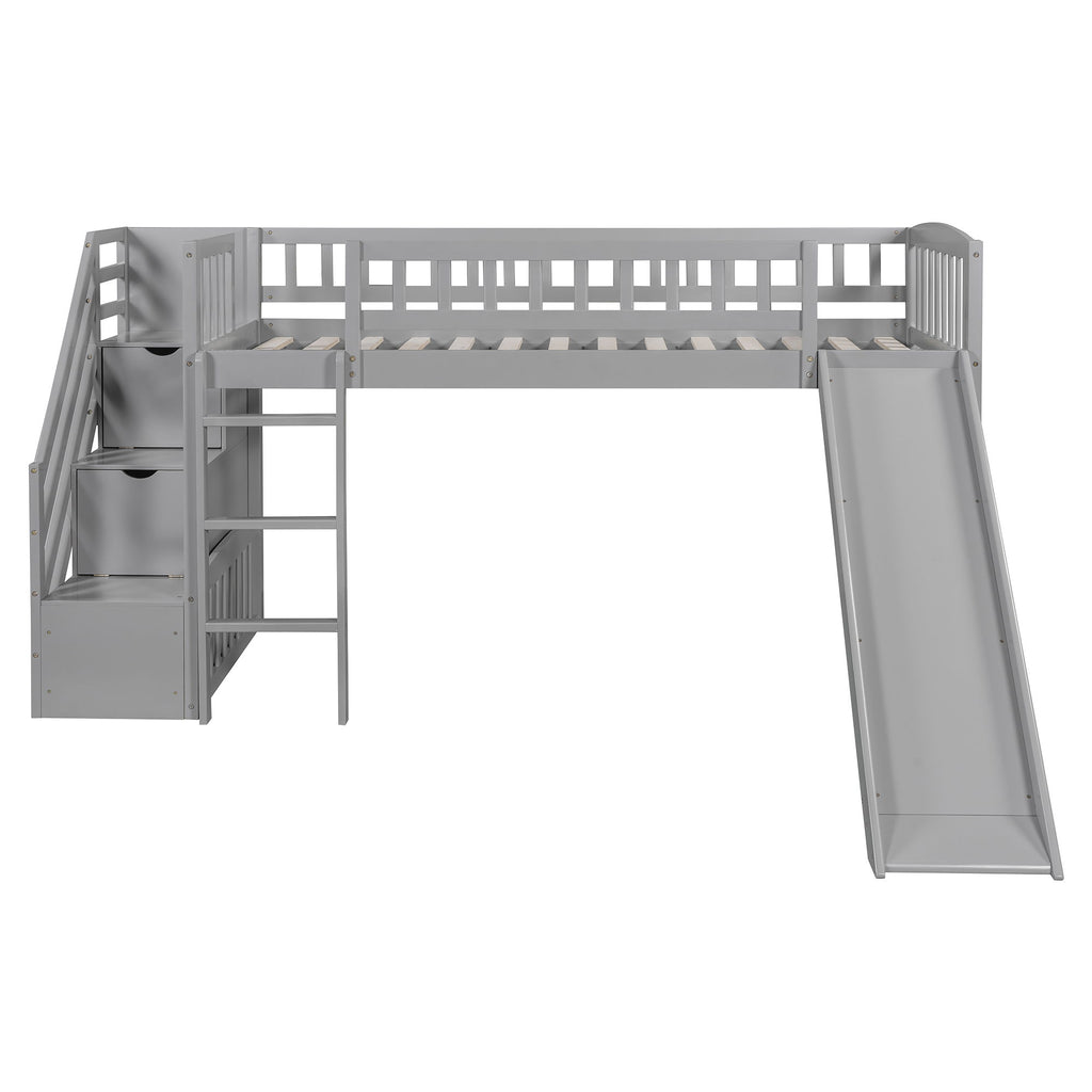 Loft Stairway Bed With 2 Drawers, Convertible Ladder And Slide