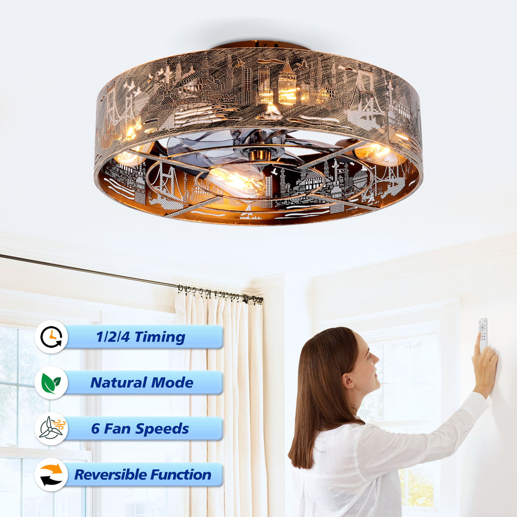20" Iron Art Ceiling Fans With Remote, Flush Mount Ceiling Fan With 6 Speeds Reversible Motor, Not Included Bulbs - Blush / Gold / Bronze