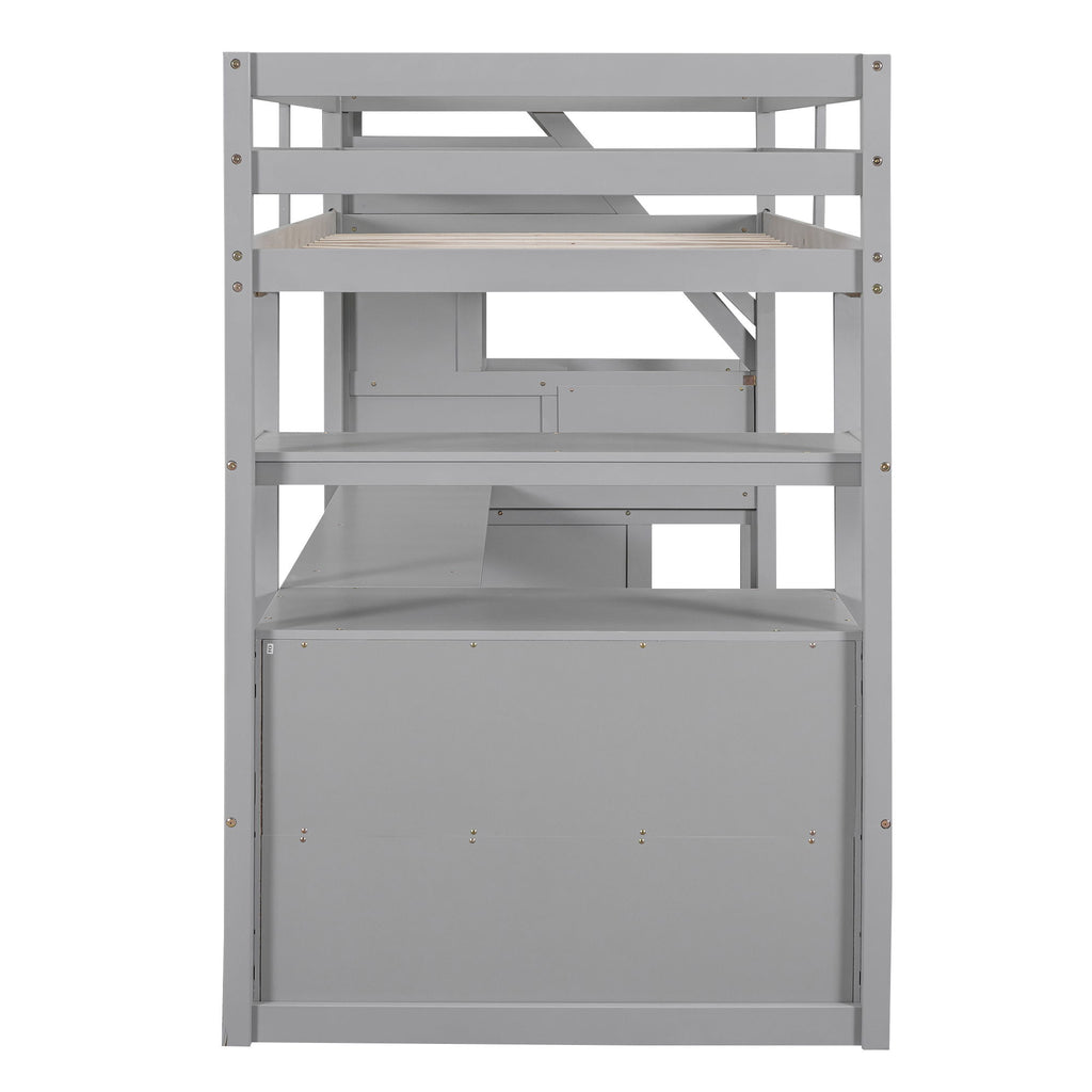 Loft Bed With Desk, Shelves, 2 Drawers, Storage Staircase
