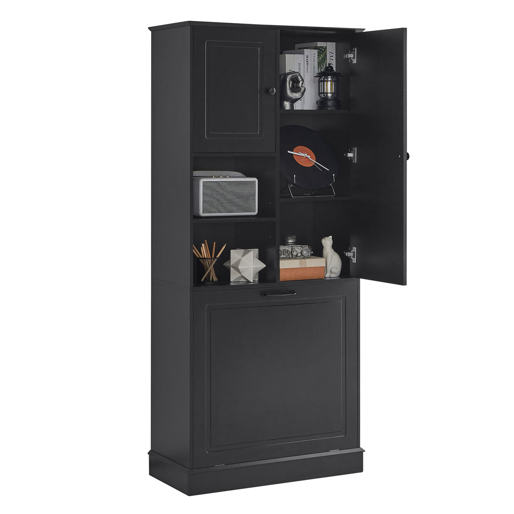 Modern Tall Storage Cabinet With Adjustable Shelves, Flip-Out Basket & Enclosed Doors