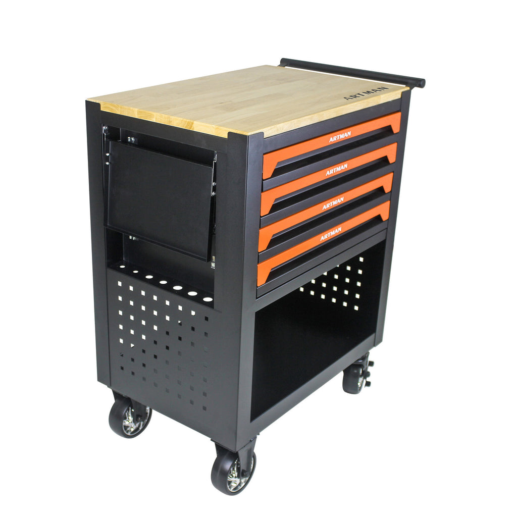 4 Drawers Multifunctional Tool Cart With Wheels And Wooden Top - Orange