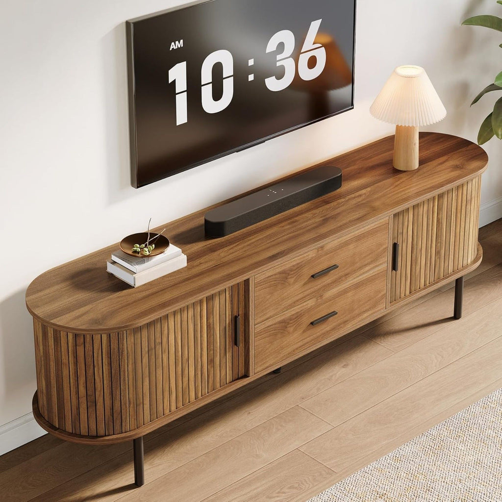 Fluted TV Stand With Tambour Sliding Doors - Walnut