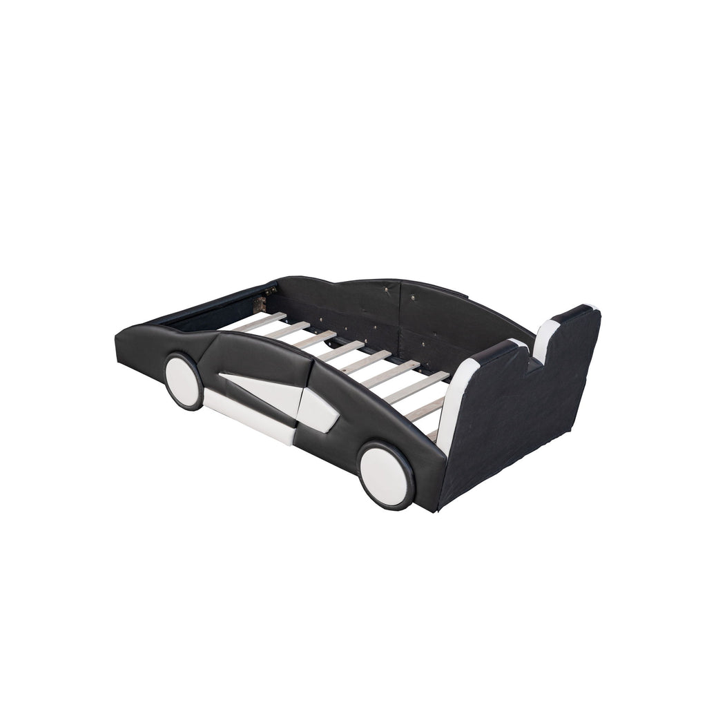 Race Car Shaped Twin Platform Bed With Wheels, Pine Wood Construction