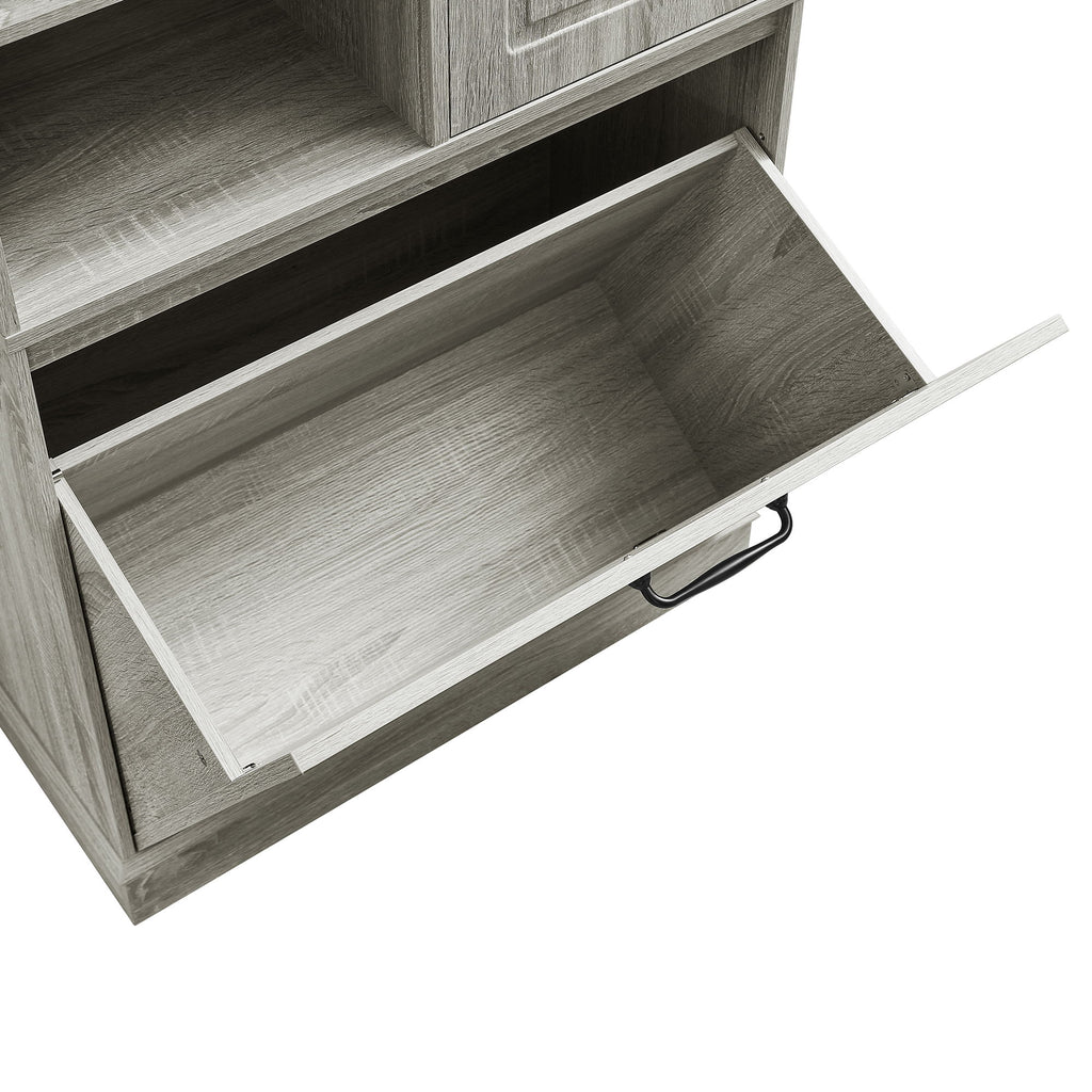 Modern Tall Storage Cabinet With Adjustable Shelves, Flip-Out Basket & Enclosed Doors
