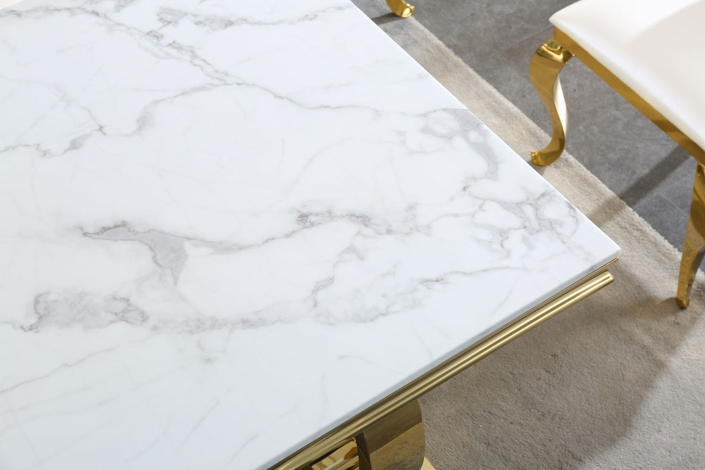 Modern Rectangular Marble Printing Dining Table, Double U Shape Stainless Steel Base With Mirrored Finish