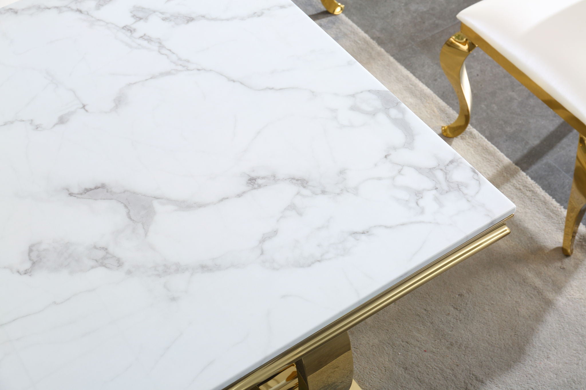 Modern Rectangular Marble Printing Dining Table, Double U Shape Stainless Steel Base With Mirrored Finish