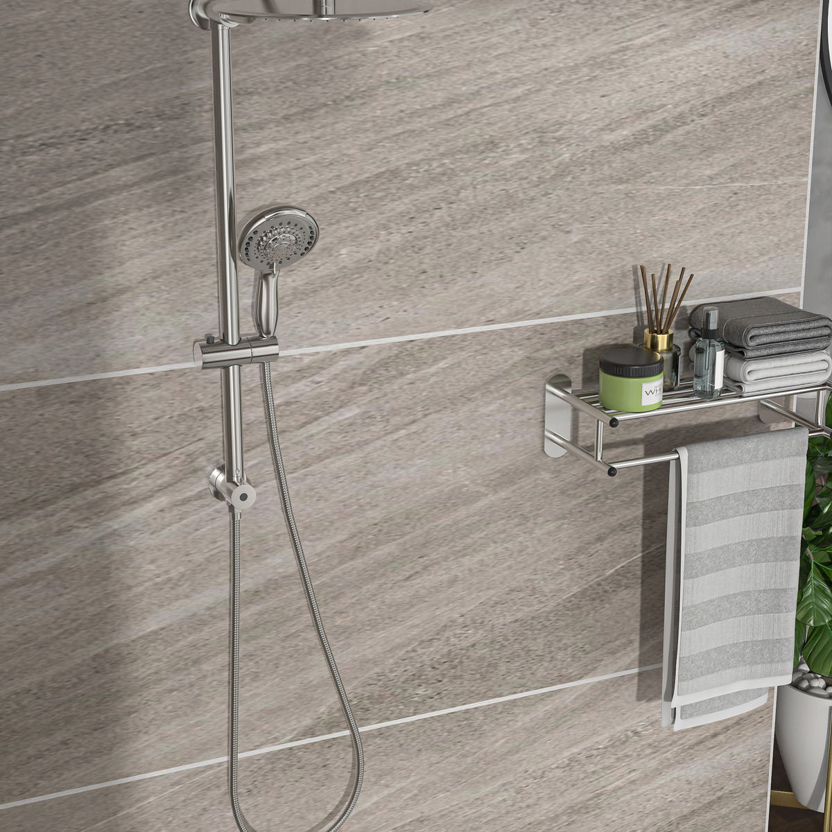 Round Shower Set With Dual Shower Heads And Hand Shower, 10" Top Spray - Brushed Nickel