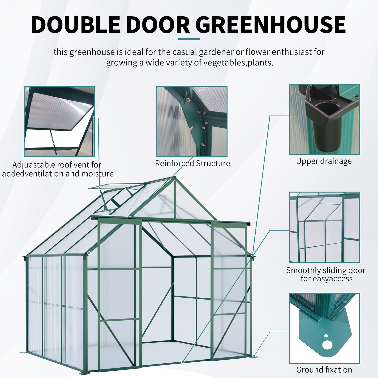 Double Door Polycarbonate house Raised Base And Anchor Aluminum Heavy Duty Walk In houses For Outdoor Backyard In All Season