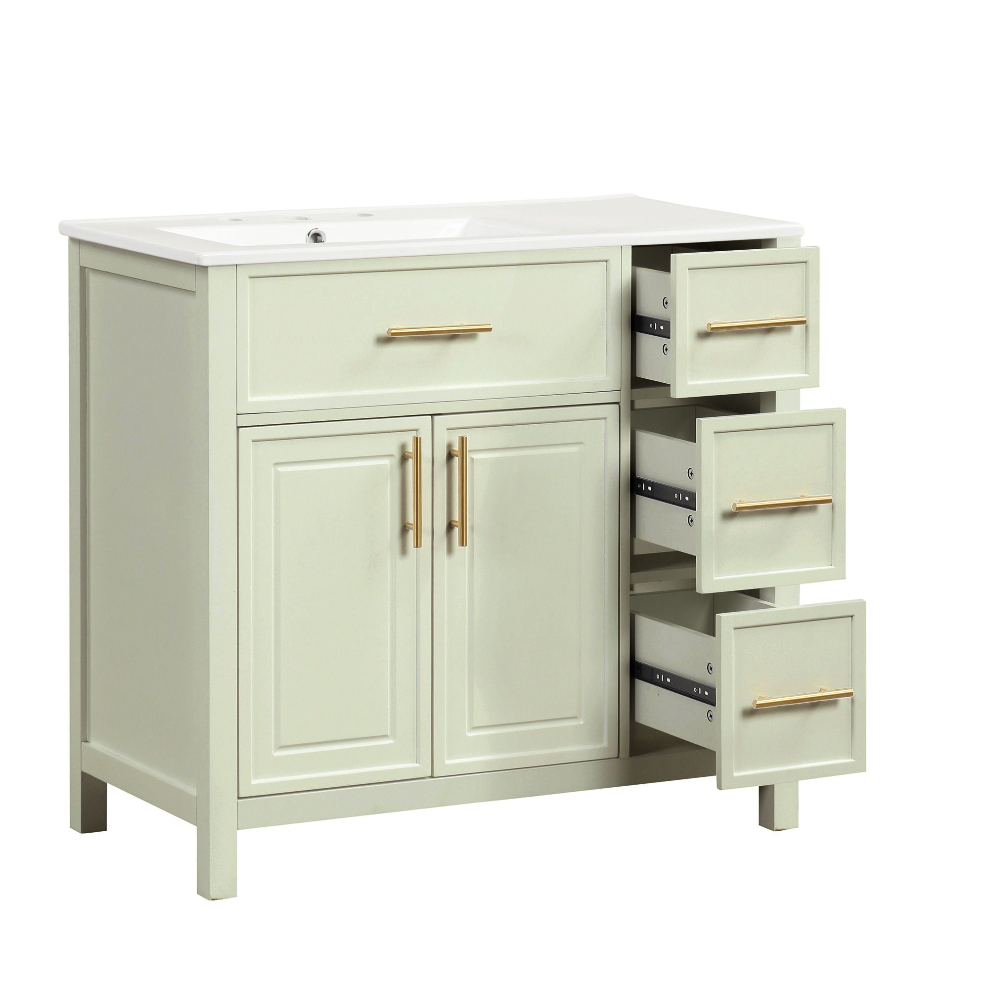 36" Bathroom Vanity With Sink, 2 Doors, 3 Drawers, Rectangular - White