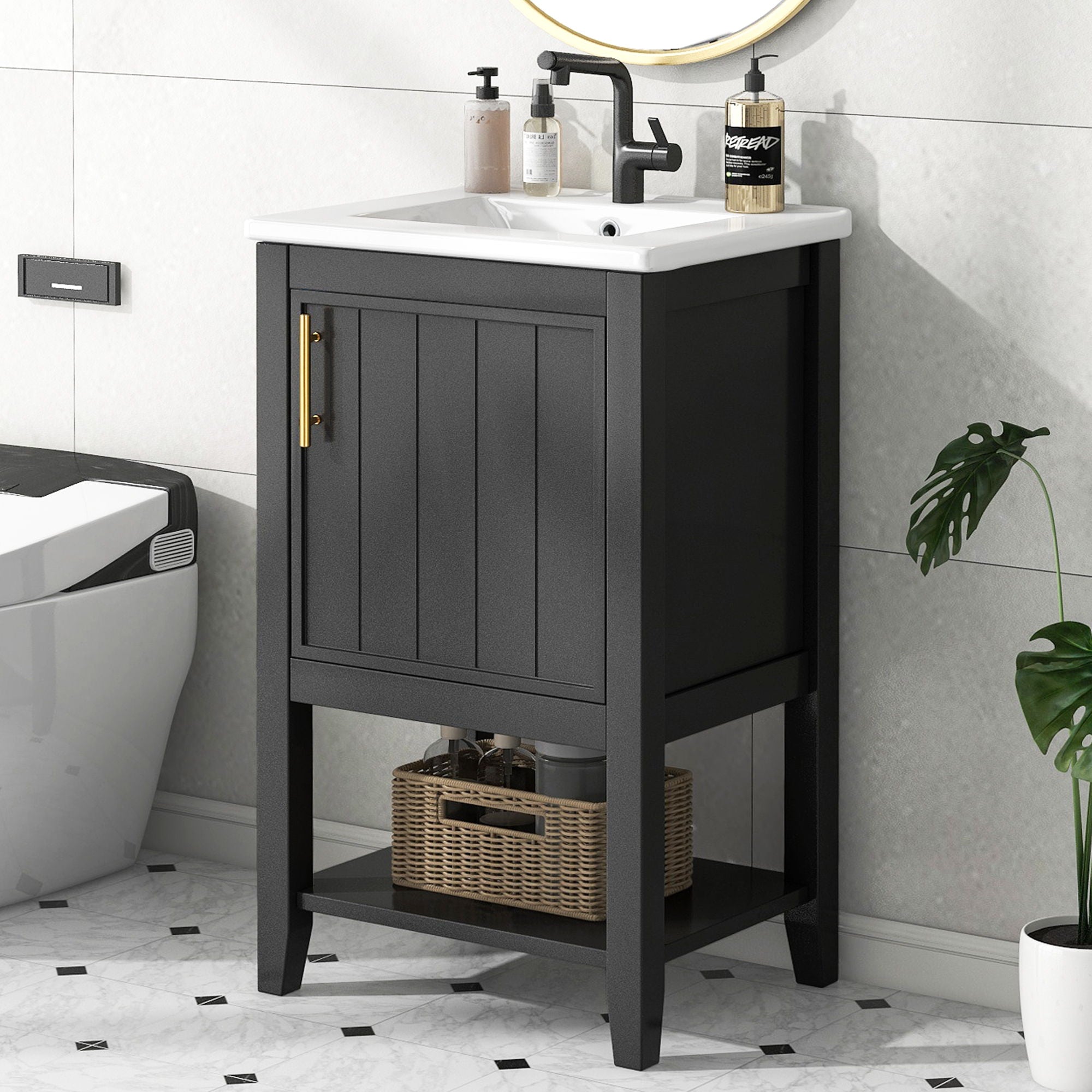 Modern Bathroom Vanity With Sink, Soft-Closing Door And Open Shelf
