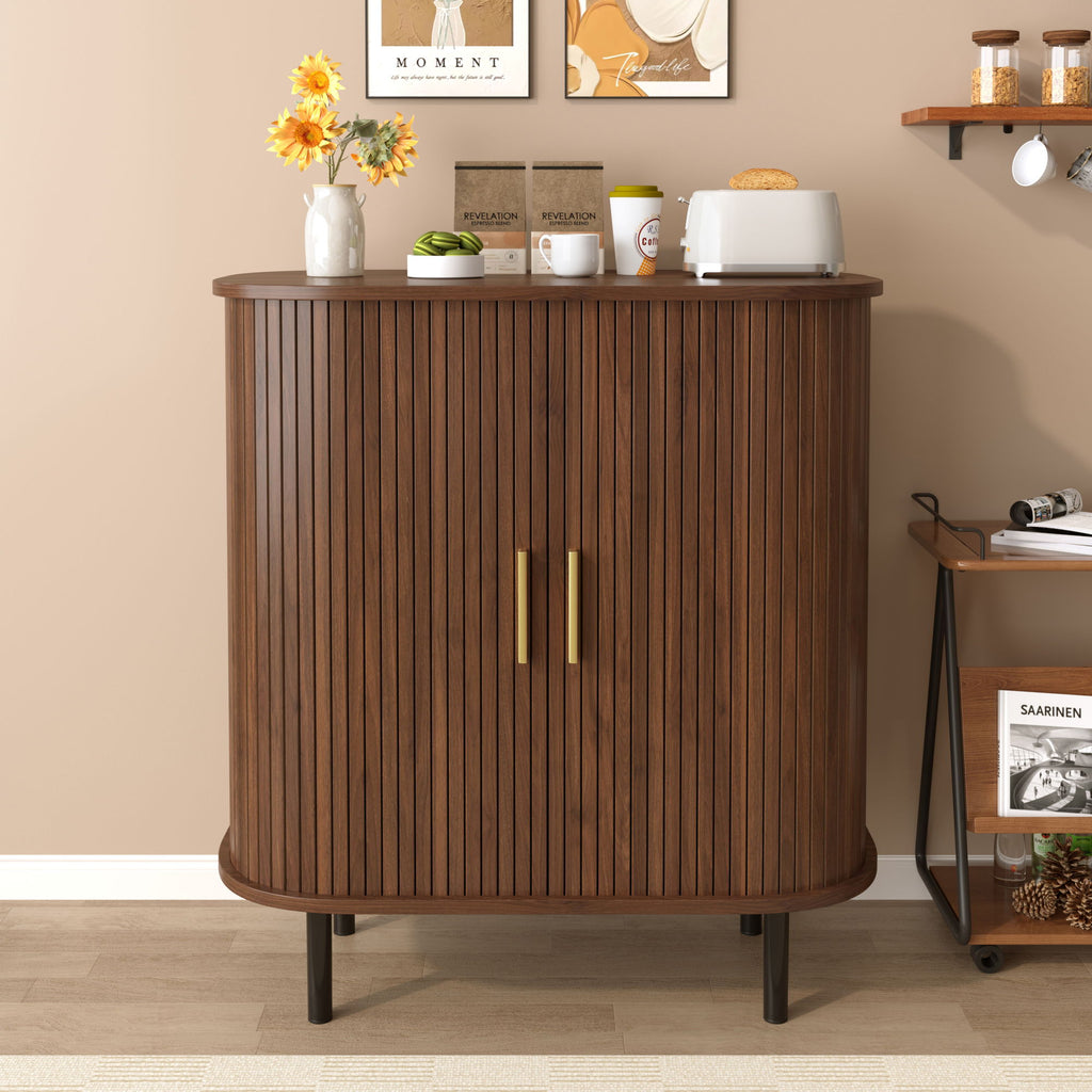 Fluted Wine Bar Cabinet With 8 Grid Wine Rack, 5 Level Adjustable Shelves, 2 Glass Holders