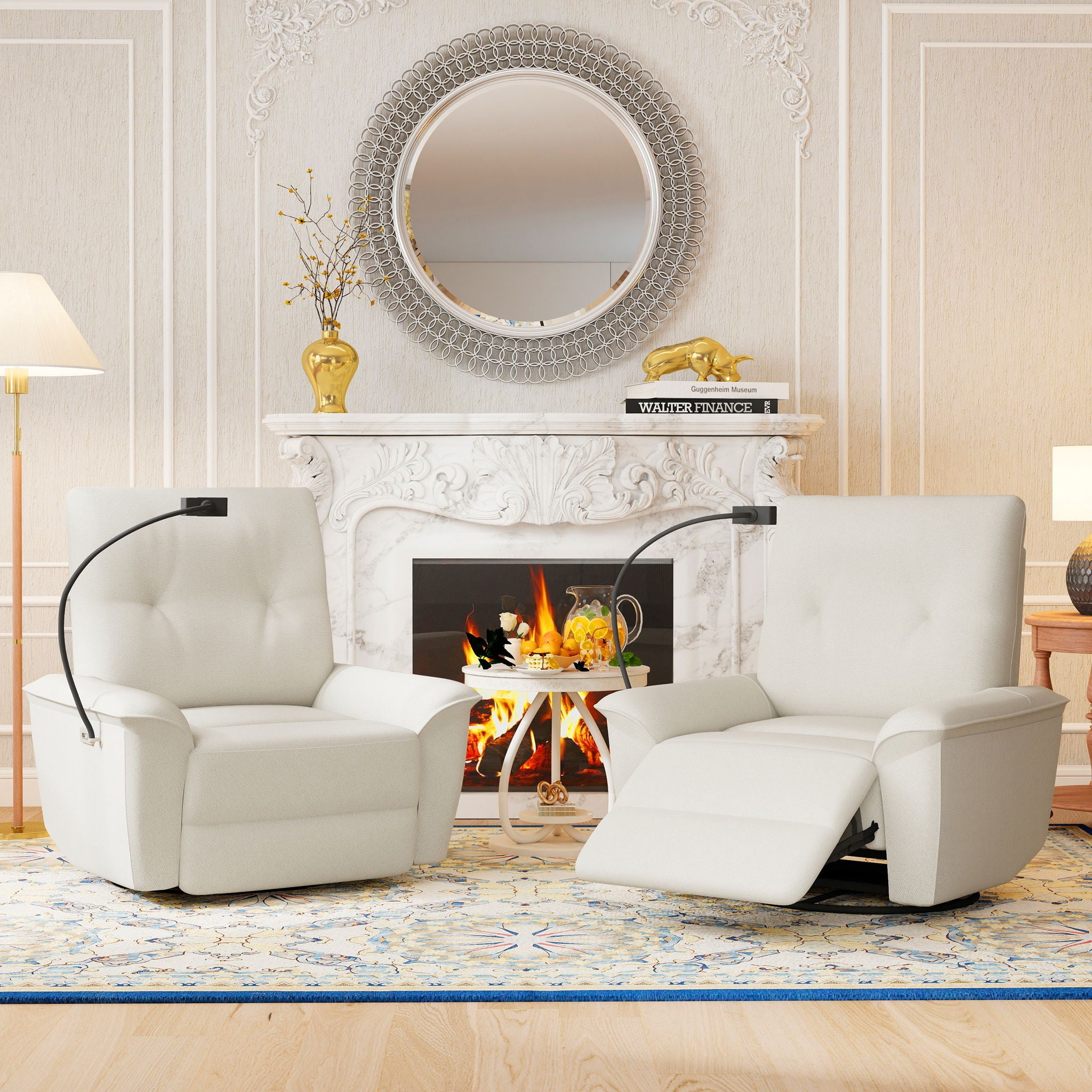 270° Power Swivel Rocker Recliner Chair With Phone Holder, Electric Glider Reclining Sofa With USB Ports For Living Room Bedroom - Beige