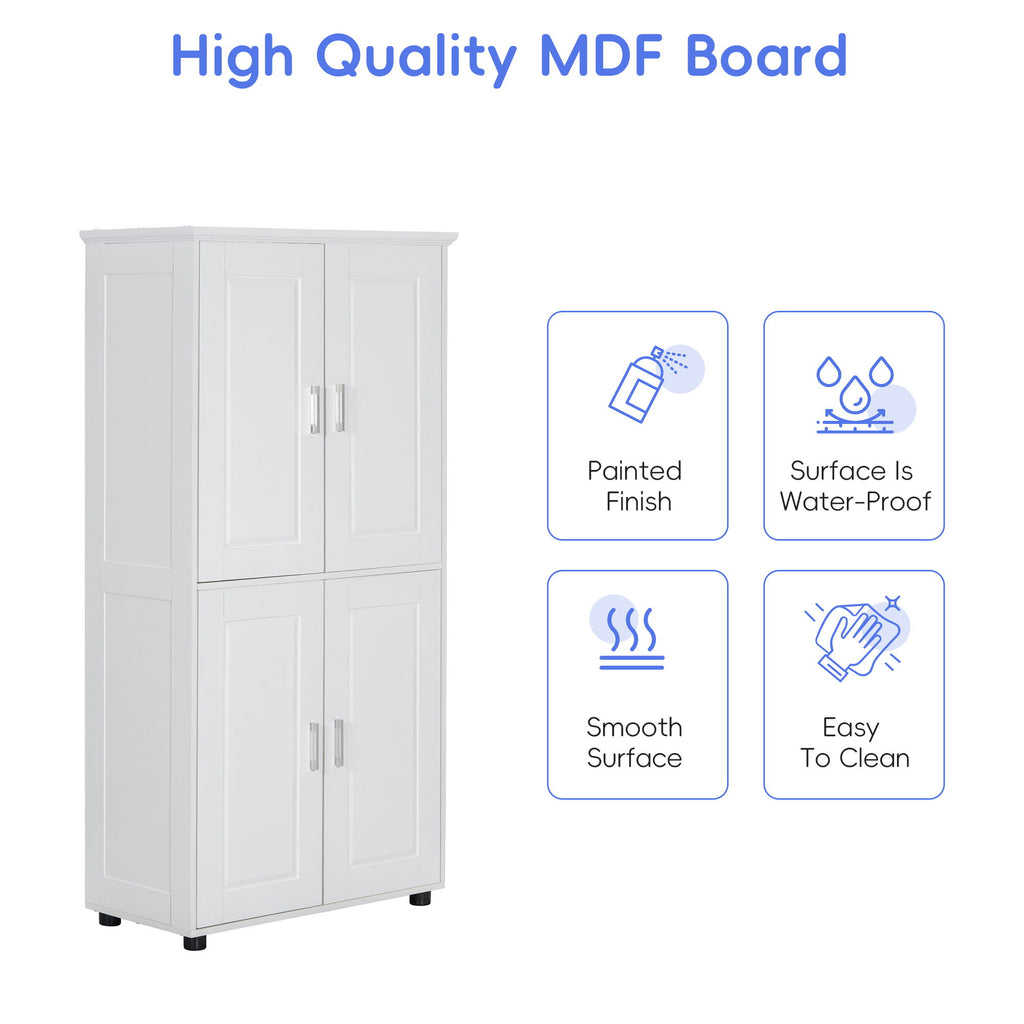 Tall And Wide Bathroom Floor Storage Cabinet With 4 Doors, Adjustable Shelves - White