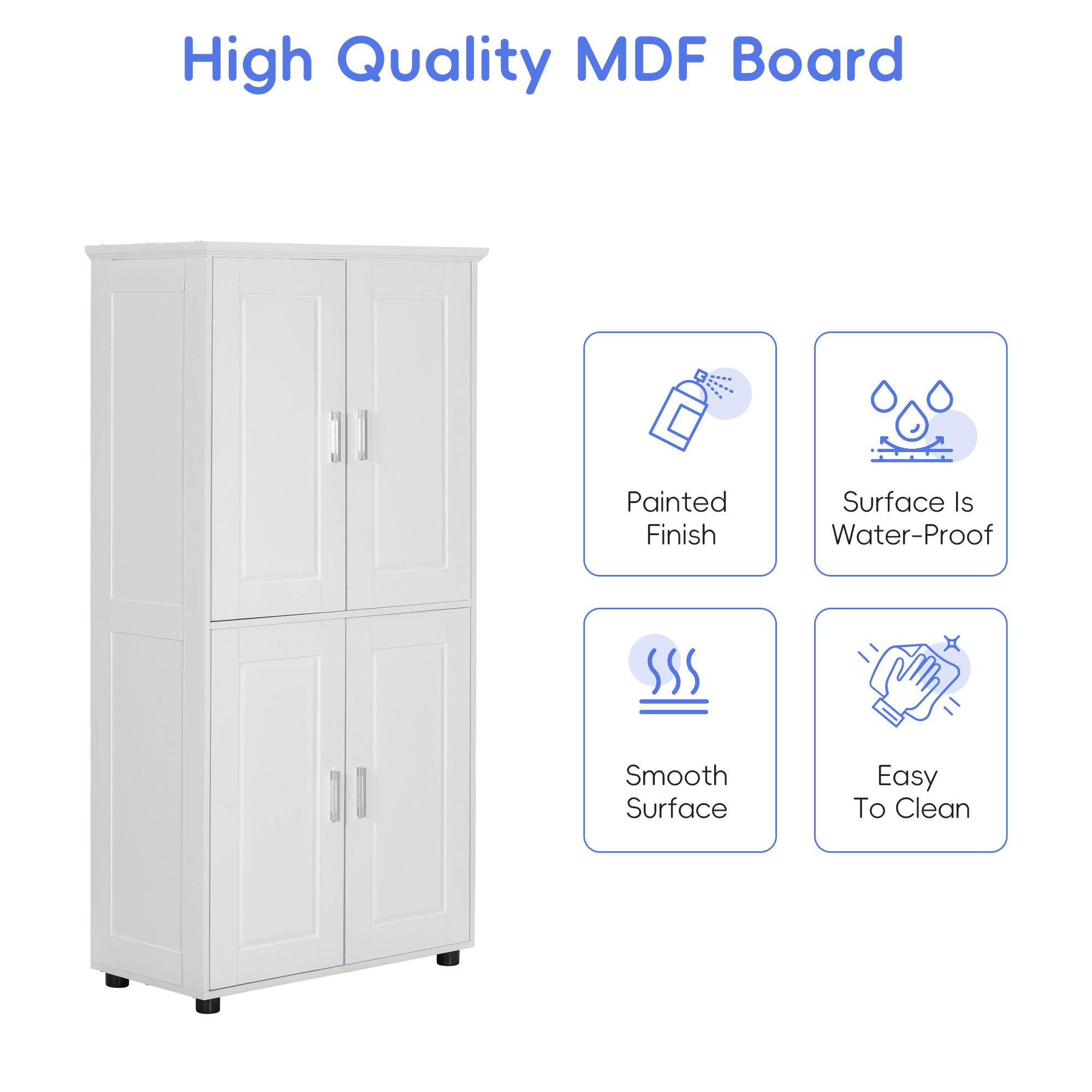 Tall And Wide Bathroom Floor Storage Cabinet With 4 Doors, Adjustable Shelves - White