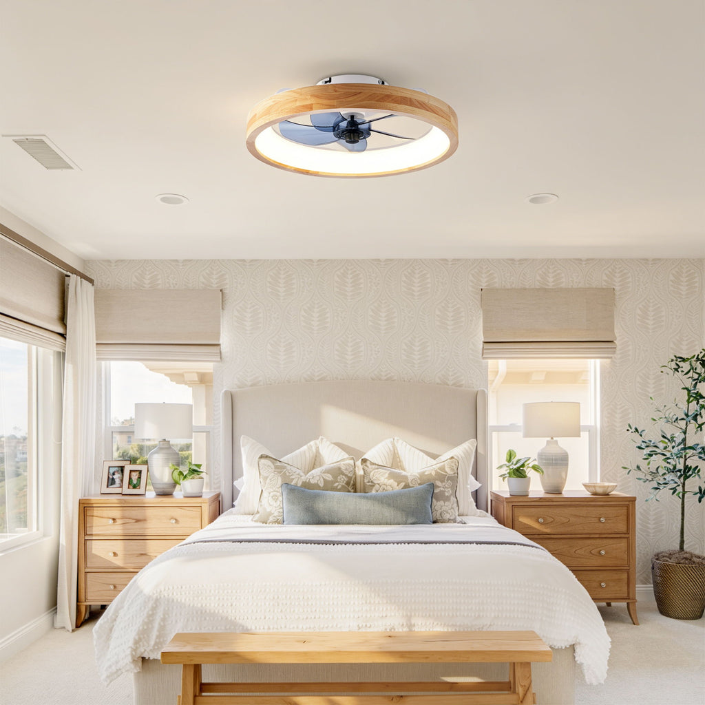 Ceiling Fans With Lights And Remote, 3000 - 6500K Dimmable Flush Mount LED Fan Light, 6 Speeds, Quiet DC Motor For Living Room - Matte White / Natural Wood