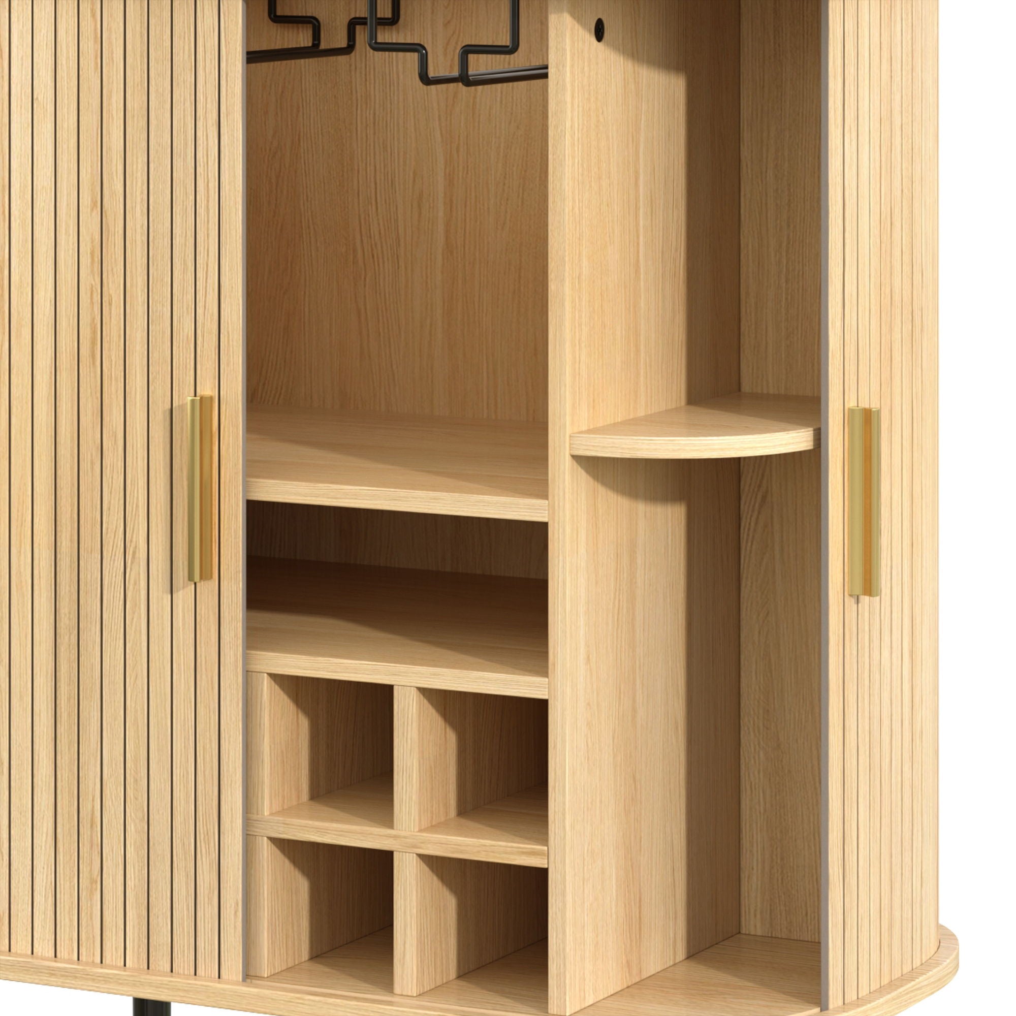 Fluted Wine Bar Cabinet With 8 Grid Wine Rack, 5 Level Adjustable Shelves, 2 Glass Holders