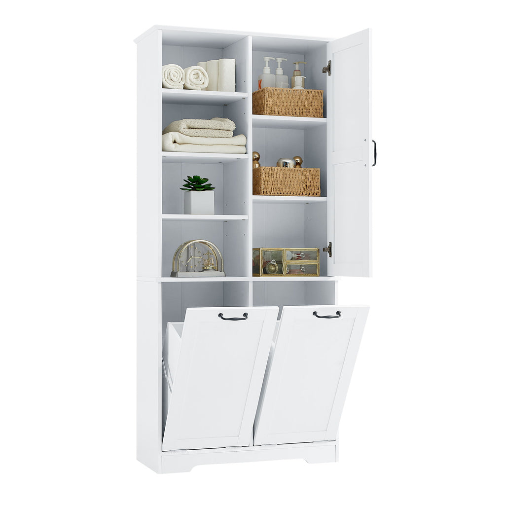 Freestanding Bathroom Storage Cabinet With Doors And Drawers, Adjustable Shelves, Tilt-Out Laundry Hamper