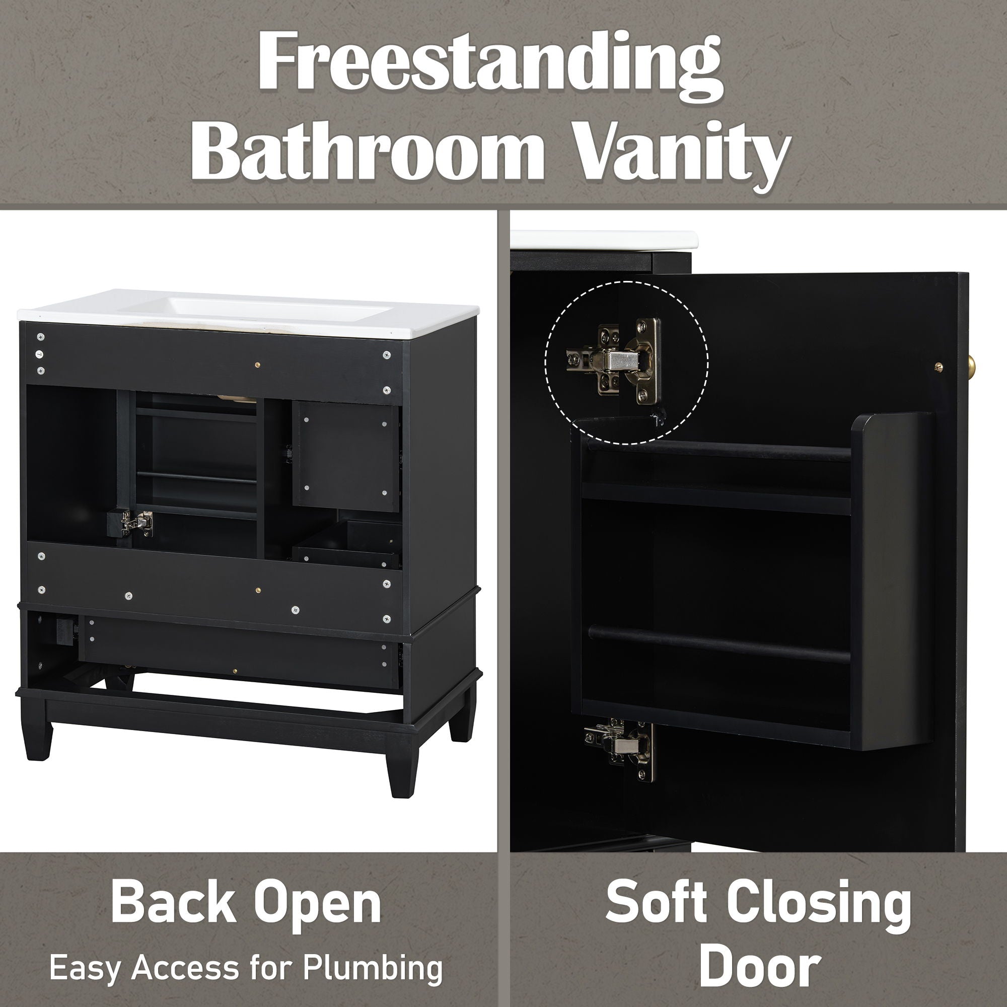 Freestanding Bathroom Vanity With Sink, Soft Close Door, 3 Drawers