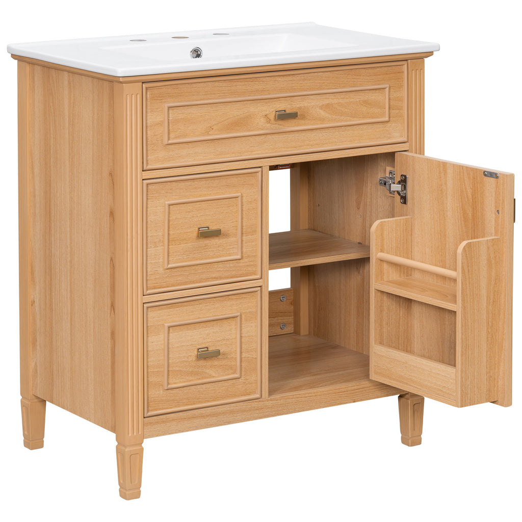 Bathroom Vanity With Sink, Flip Drawer & Adjustable Shelf - Natural