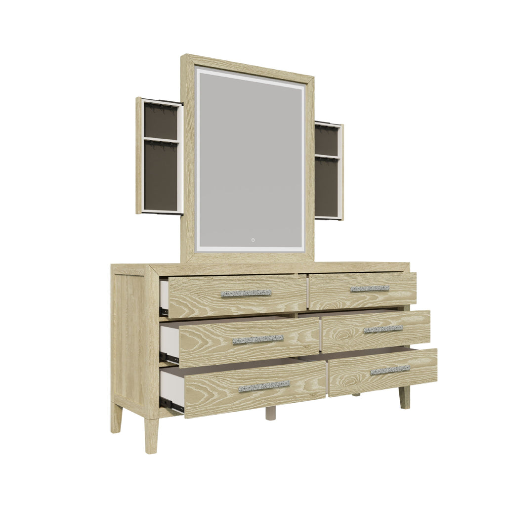 Adeline - 6 Drawers Dresser & Mirror With Jewelry Box & LED Light - Natural Wood Wash